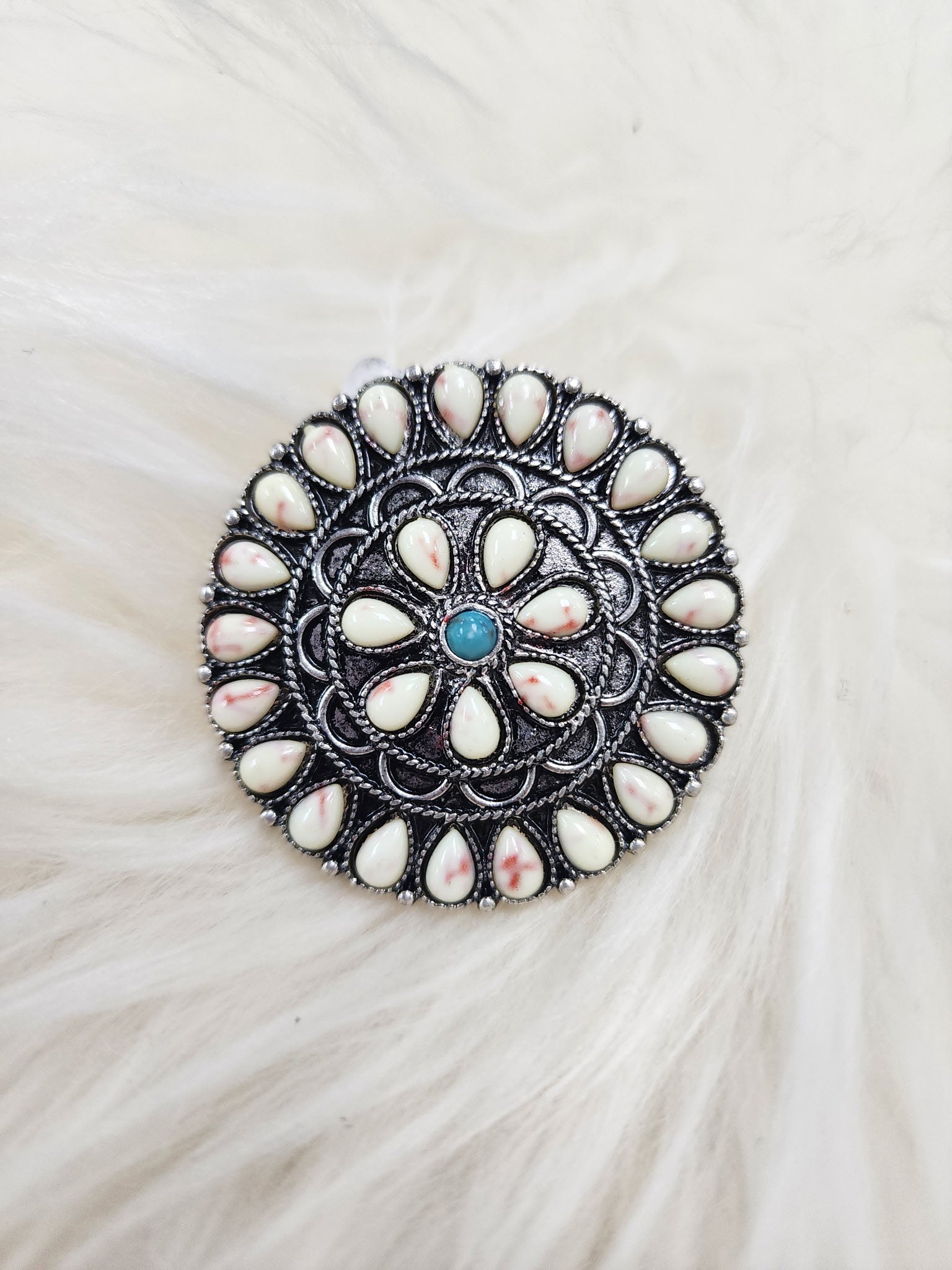 Turquoise/White Round Cluster Cuff Ring