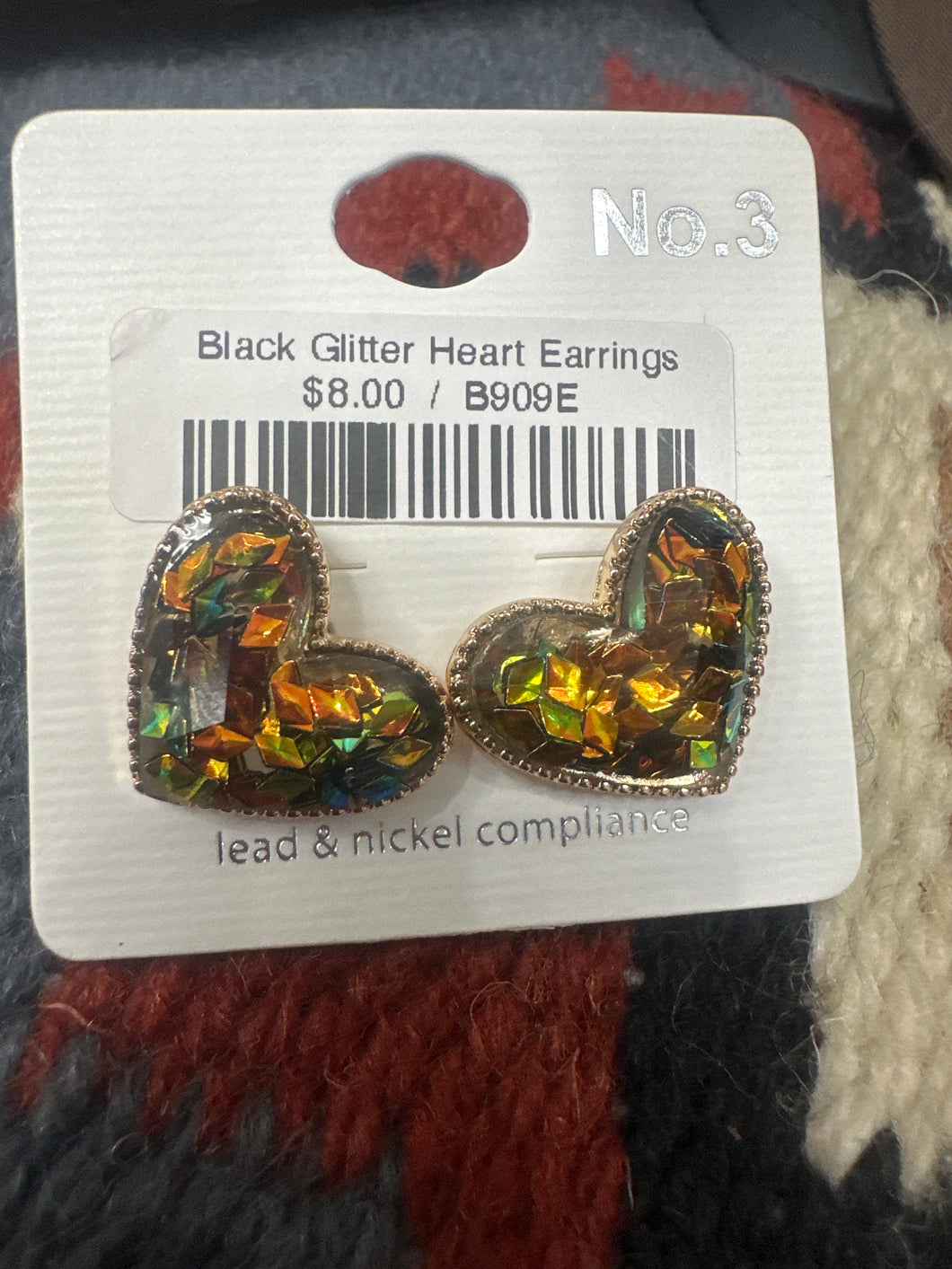 Black Glitter Heart Earrings