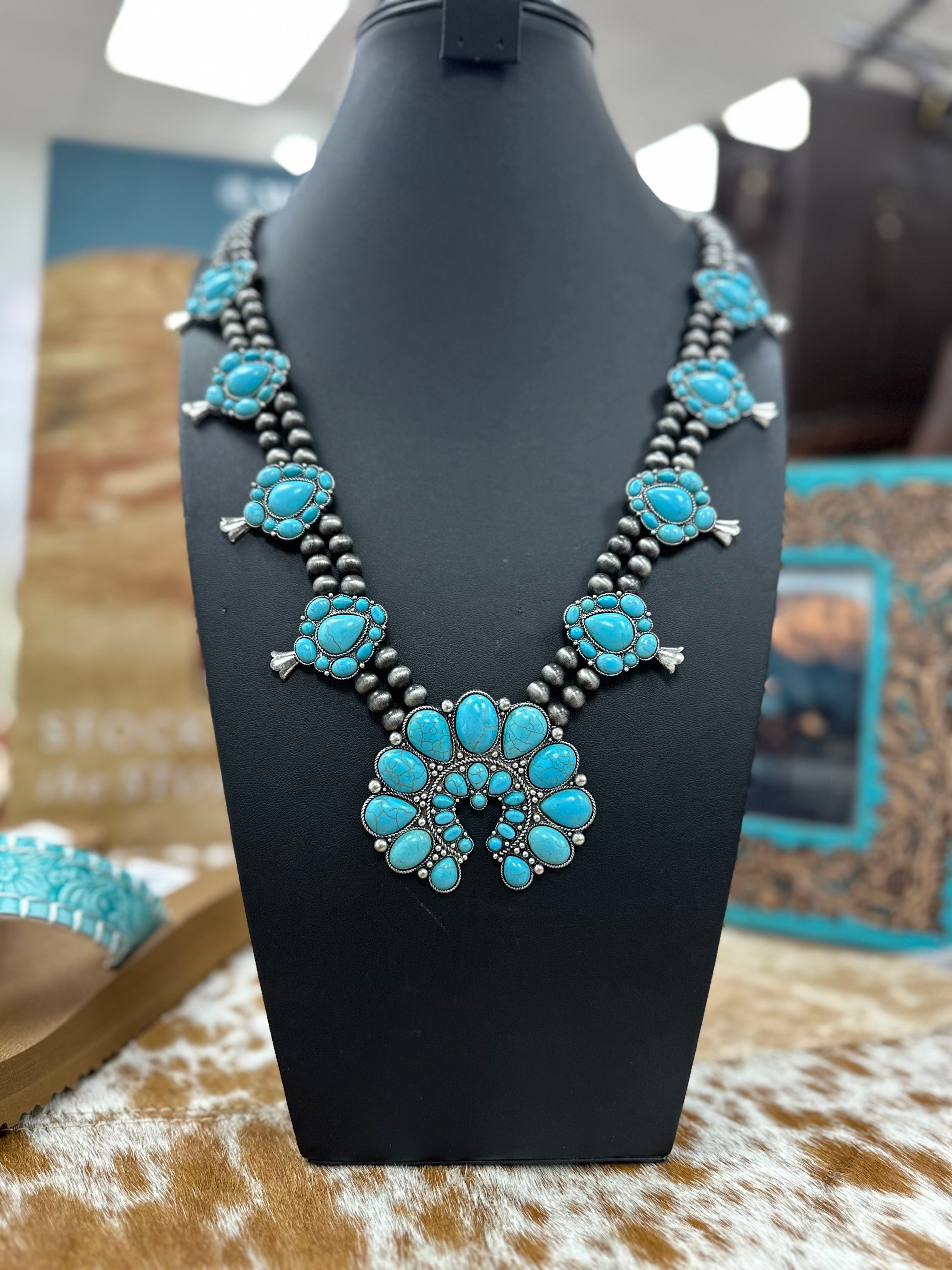 Turquoise Cluster Stone Squash and Earrings Set