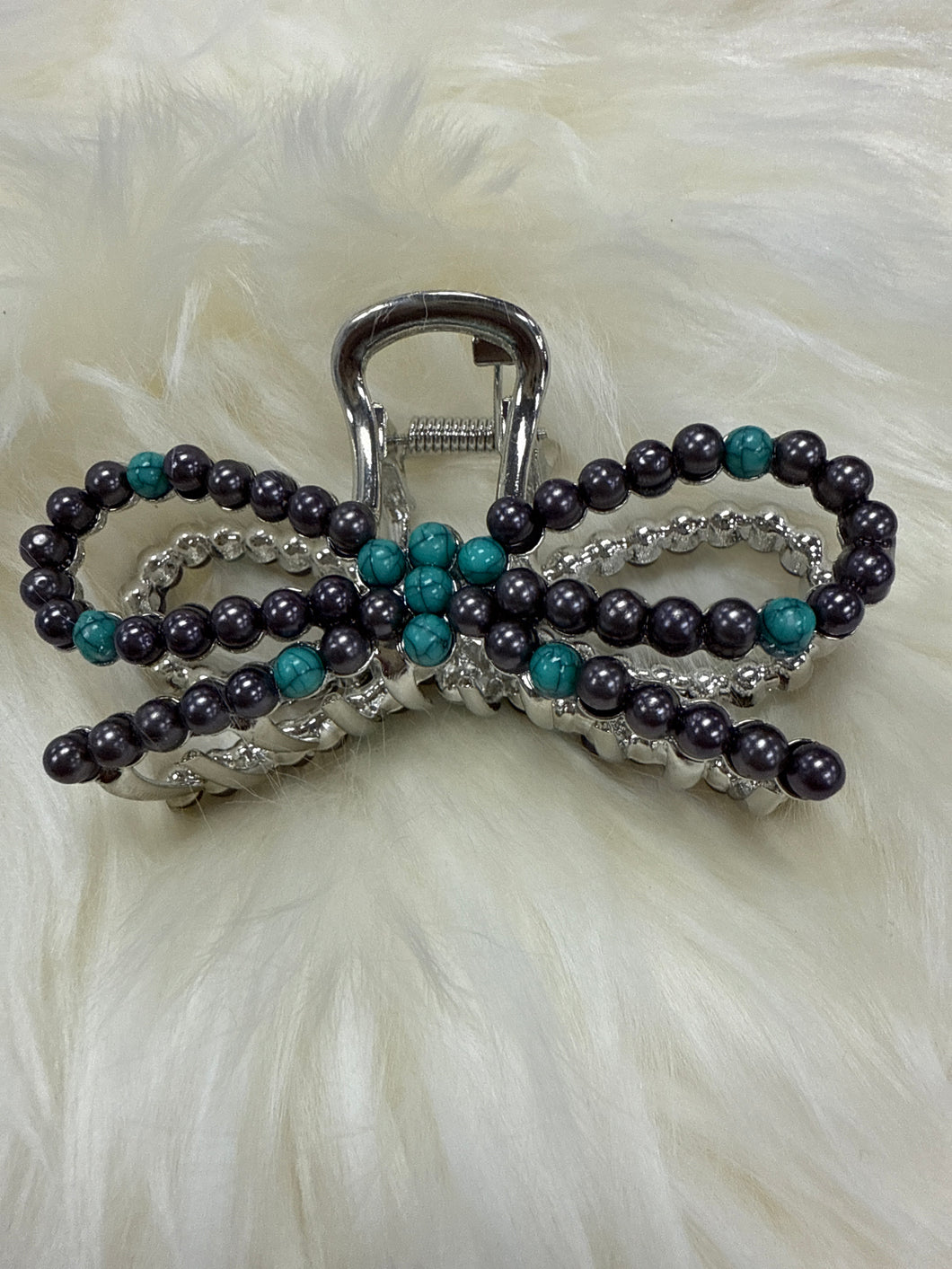 Turquoise Ribbon Pearl Hair Clip