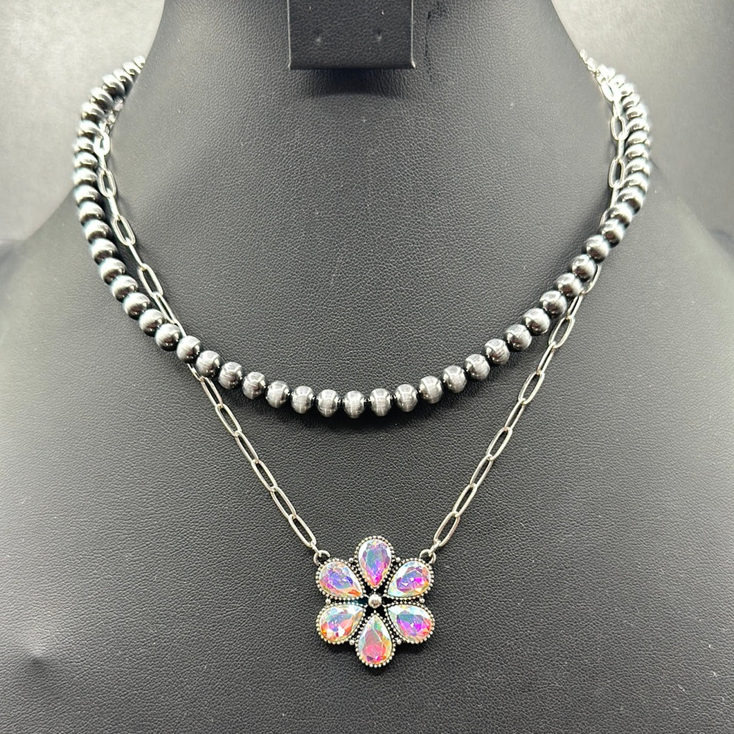 Crystal Floral Cluster Pearl Necklace