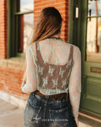 Beige Floral Long Sleeve Mesh Top