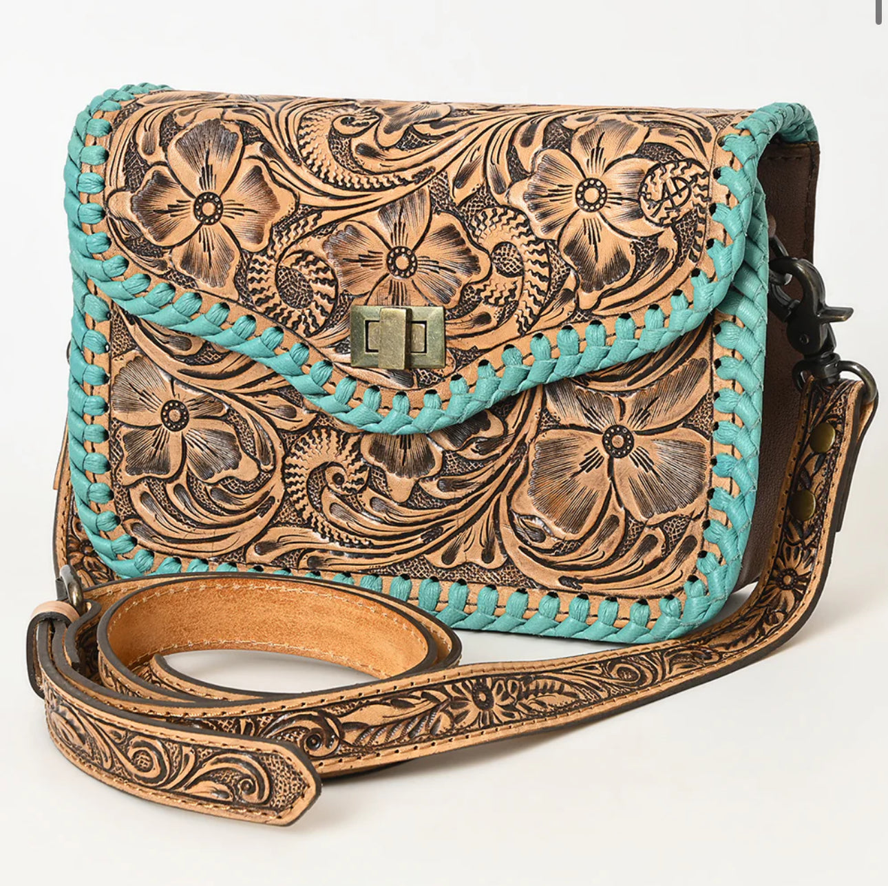Brown Tooled Leather Stitched Handbag