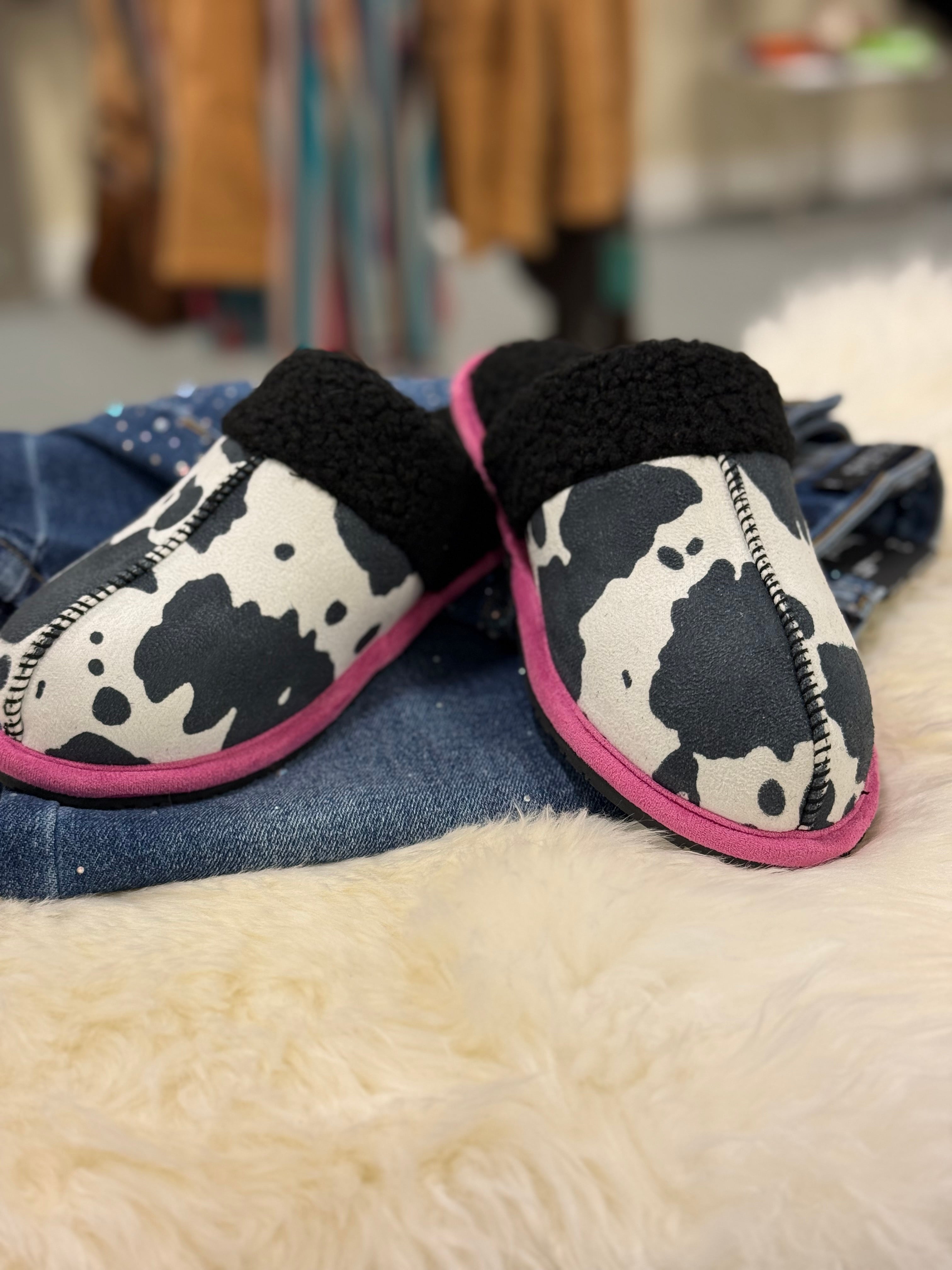 Black Cow Print Slippers