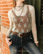 Beige Floral Long Sleeve Mesh Top