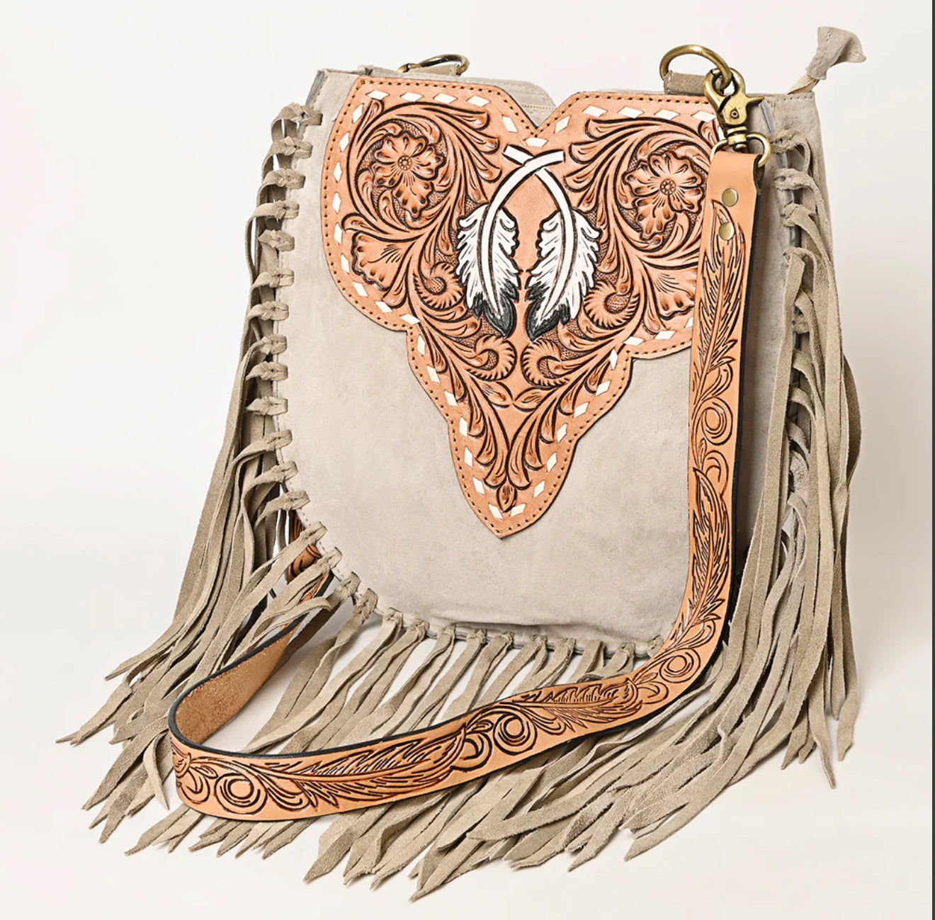 Feather Tooled Leather Fringe Crossbody
