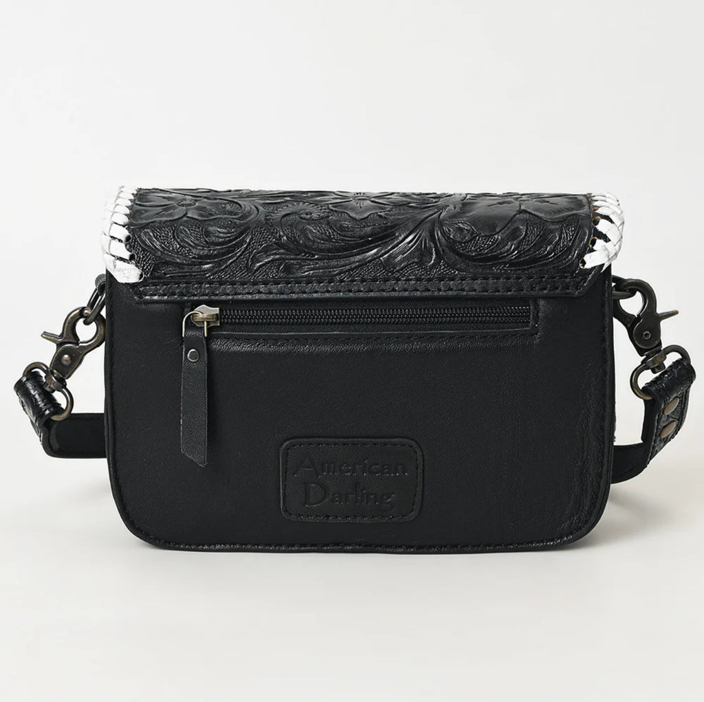 Black Tooled Leather Stitched Handbag