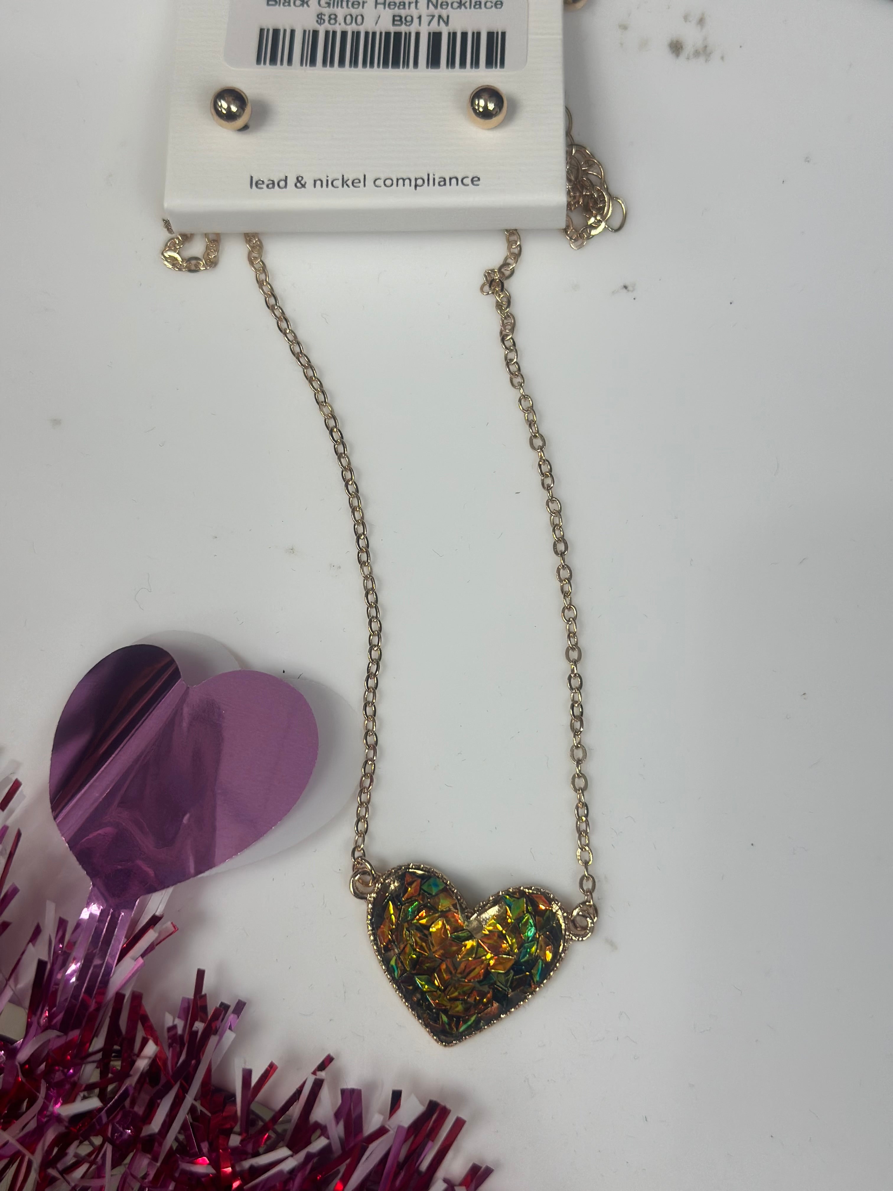 Black Glitter Heart Necklace