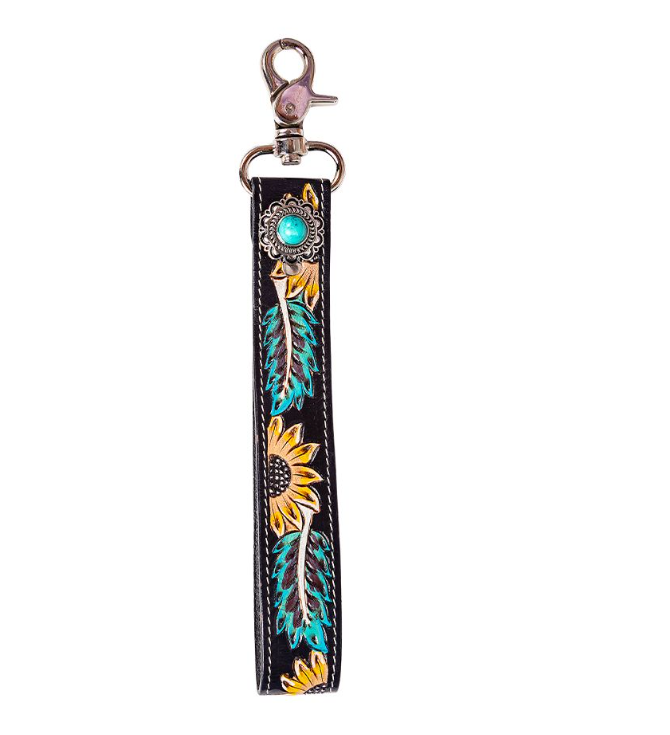 Black Floral Tooled Leather Wristlet Strap