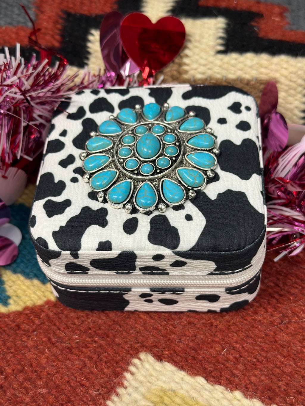 Turquoise Cluster Cow Print Jewelry Box
