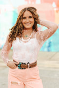 Pink Floral Lace Long Sleeve Mesh Top