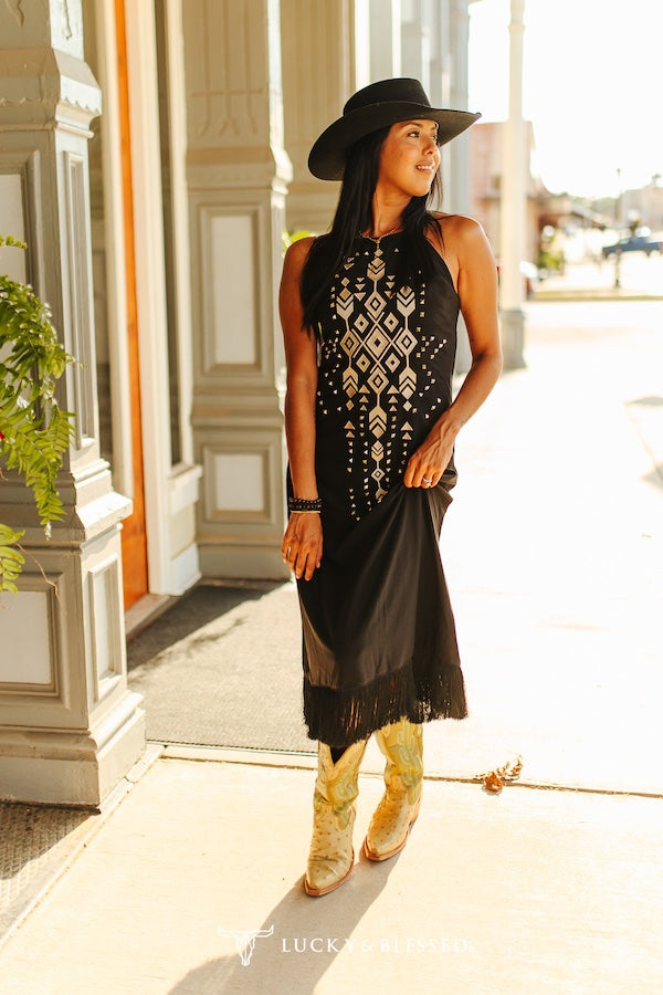 Black Studded Aztec Fringe Dress