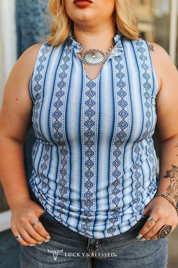Blue Ivory Aztec Tank Top