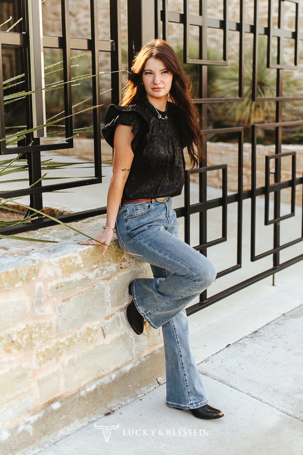 Black Leopard Satin Flutter Top