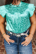 Turquoise Leopard Satin Flutter Top