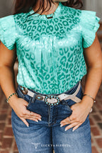 Turquoise Leopard Satin Flutter Top
