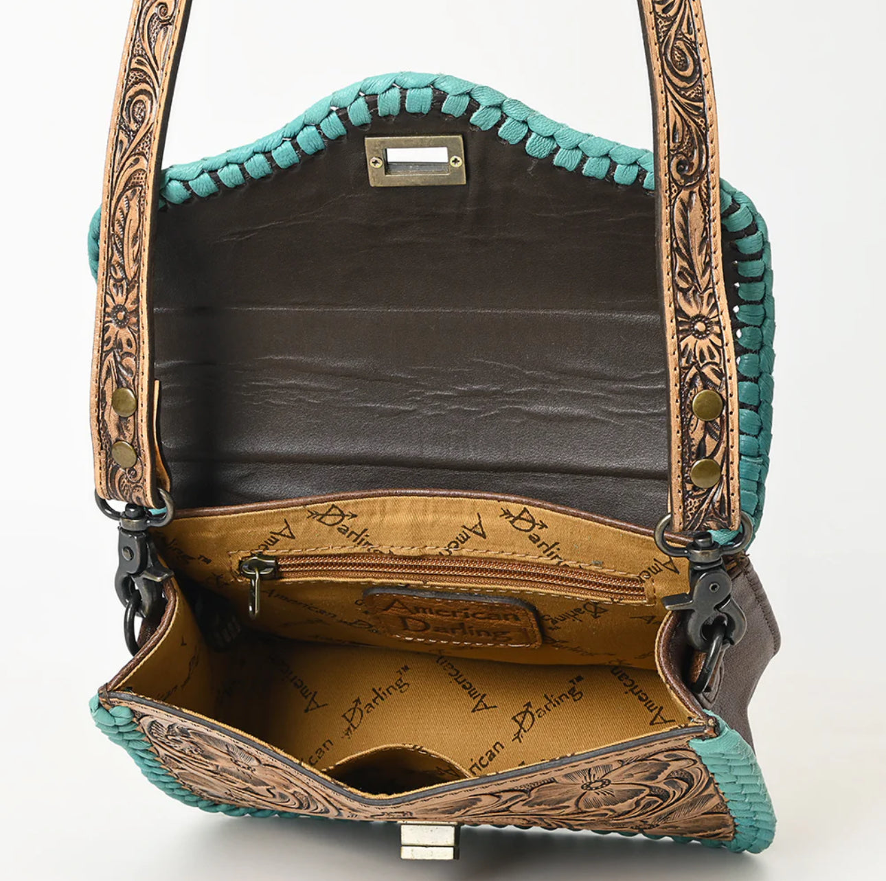 Brown Tooled Leather Stitched Handbag
