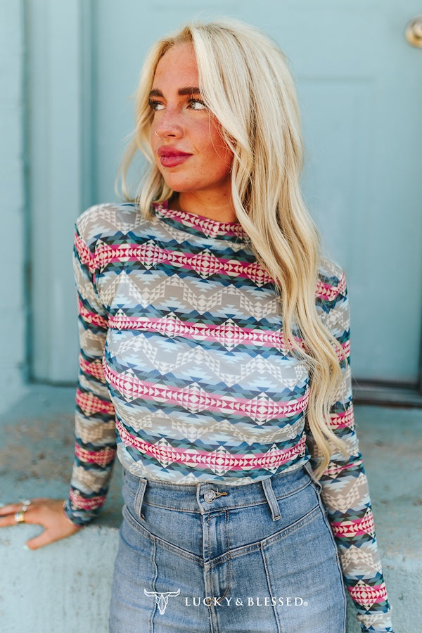 Grey Aztec Mesh Top