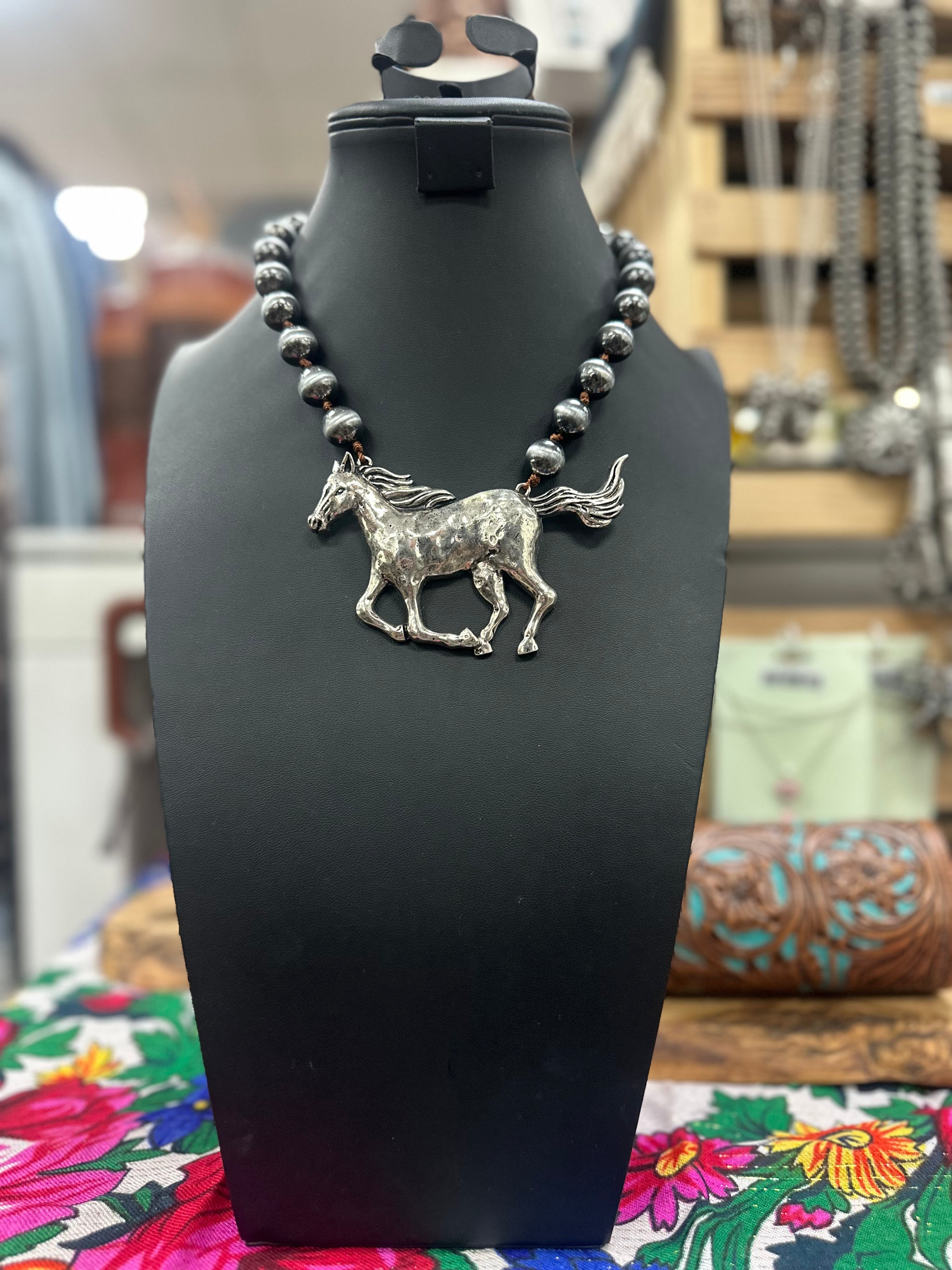 Silver Horse Pearl Necklace