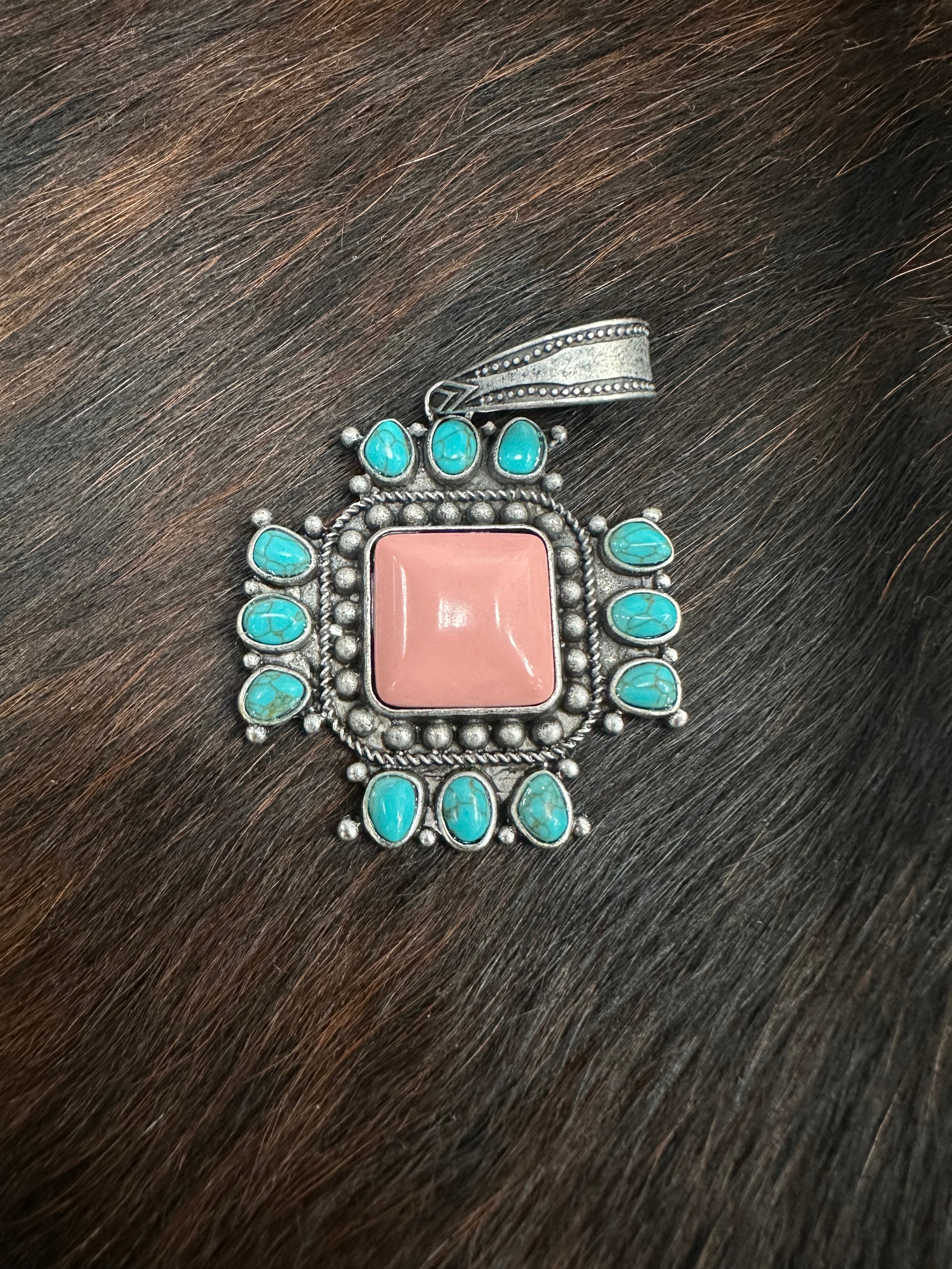 Turquoise Peach Western Cross Pendant