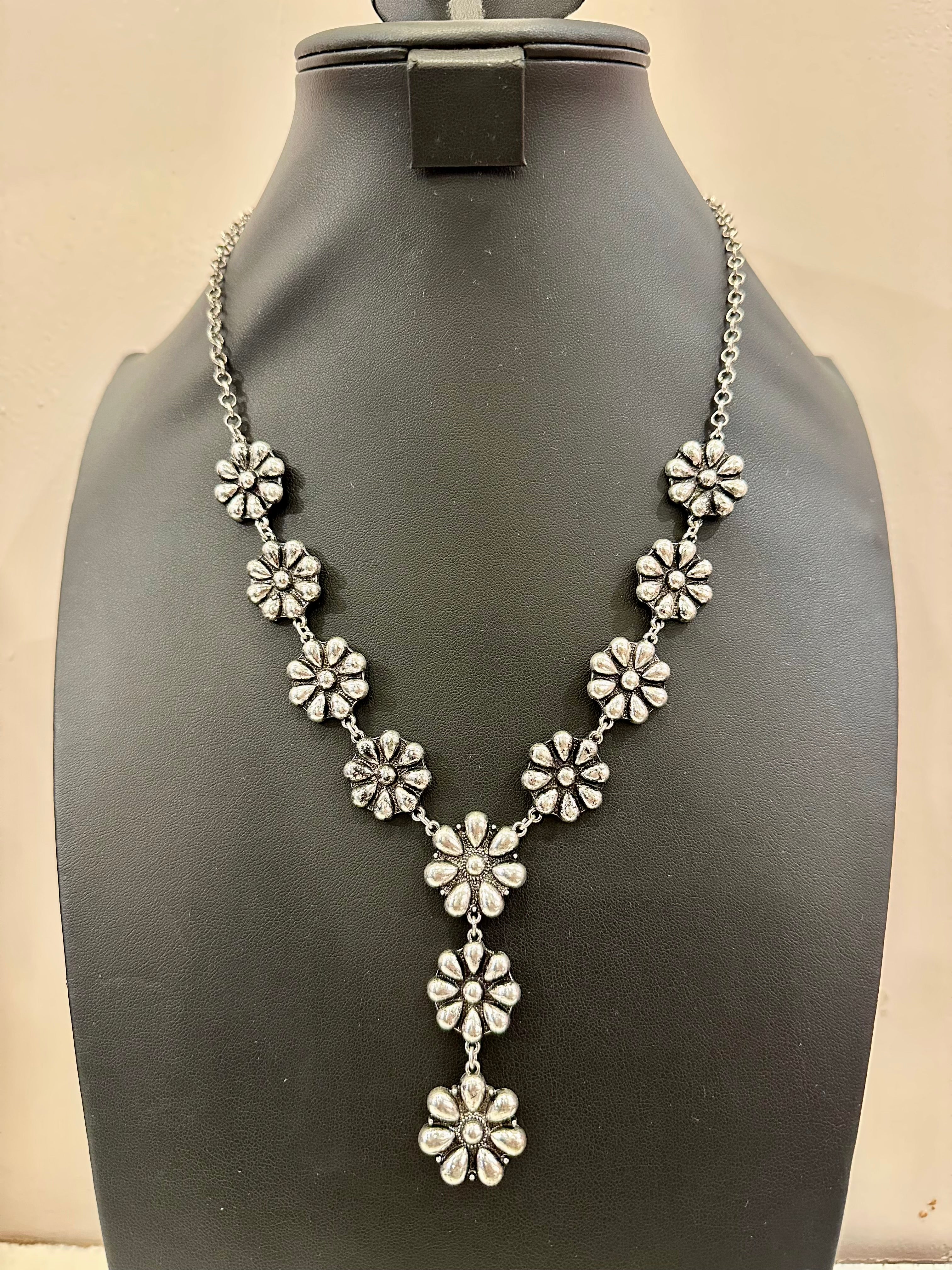 Silver Floral Cluster Y Necklace and Earrings Set