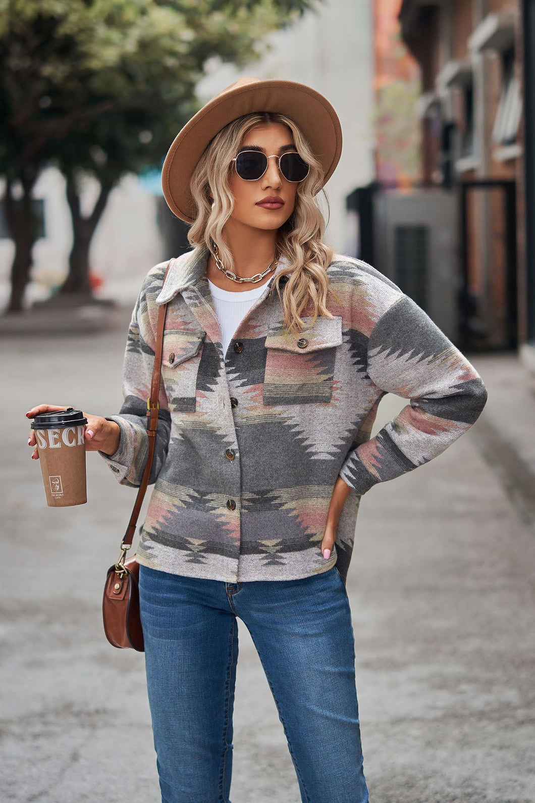 Pink/Grey Southwestern Design Button Coat