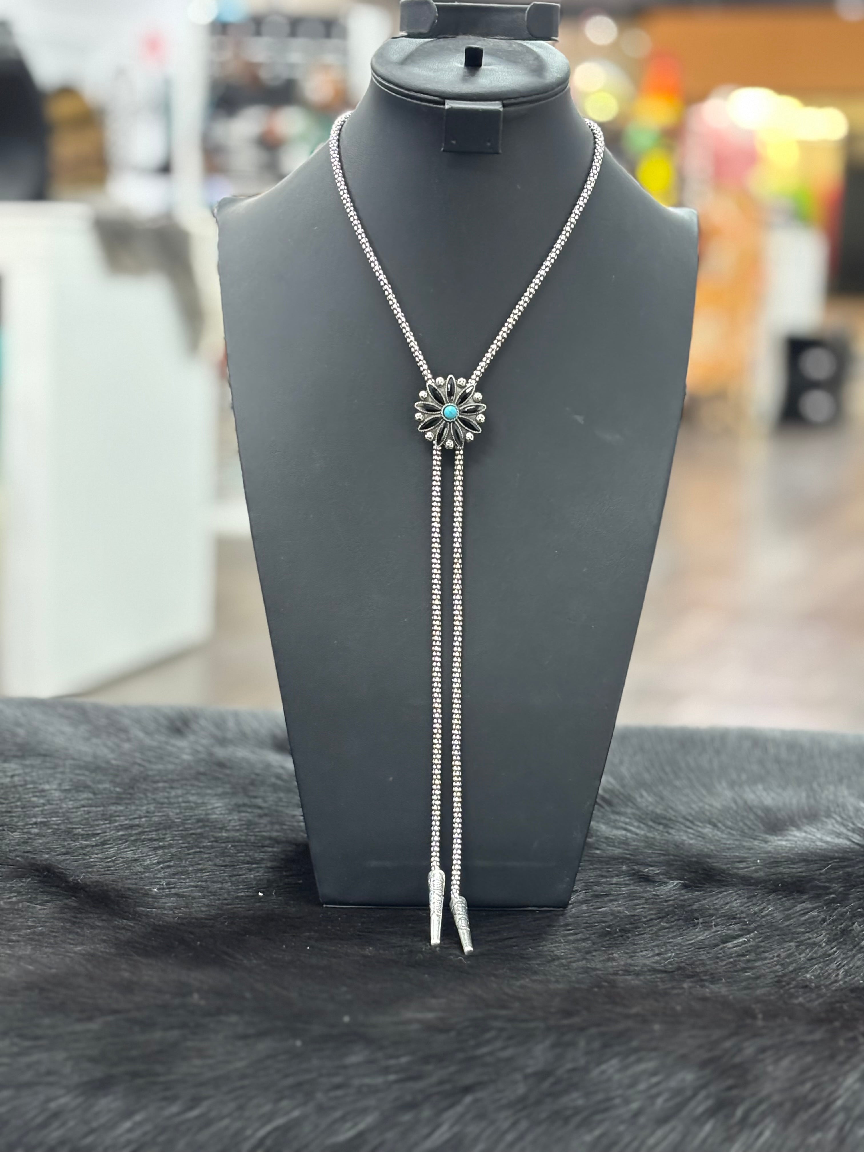 Black Floral Cluster Bolo Necklace