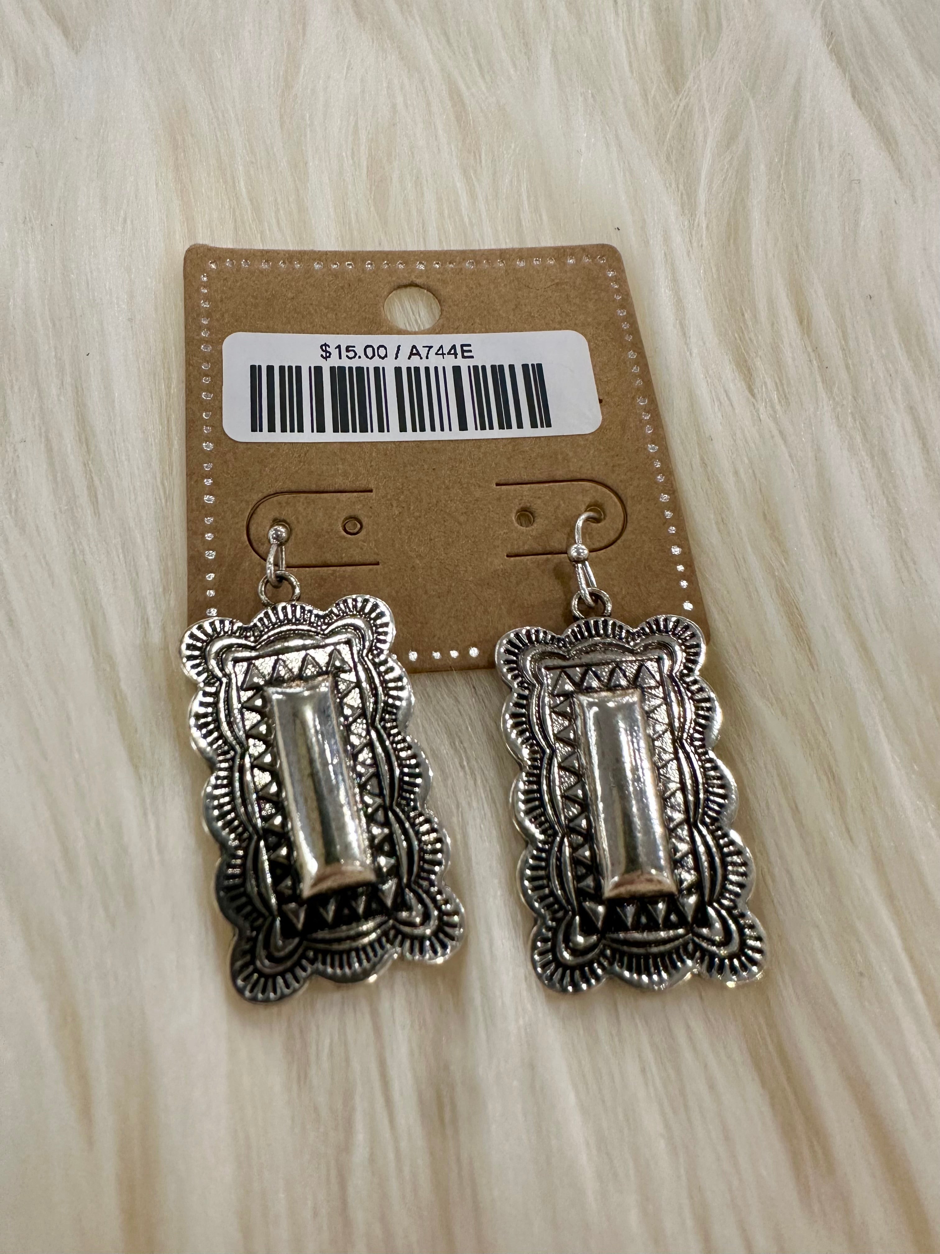 Silver Stamped Rectangle Fishhook Earrings