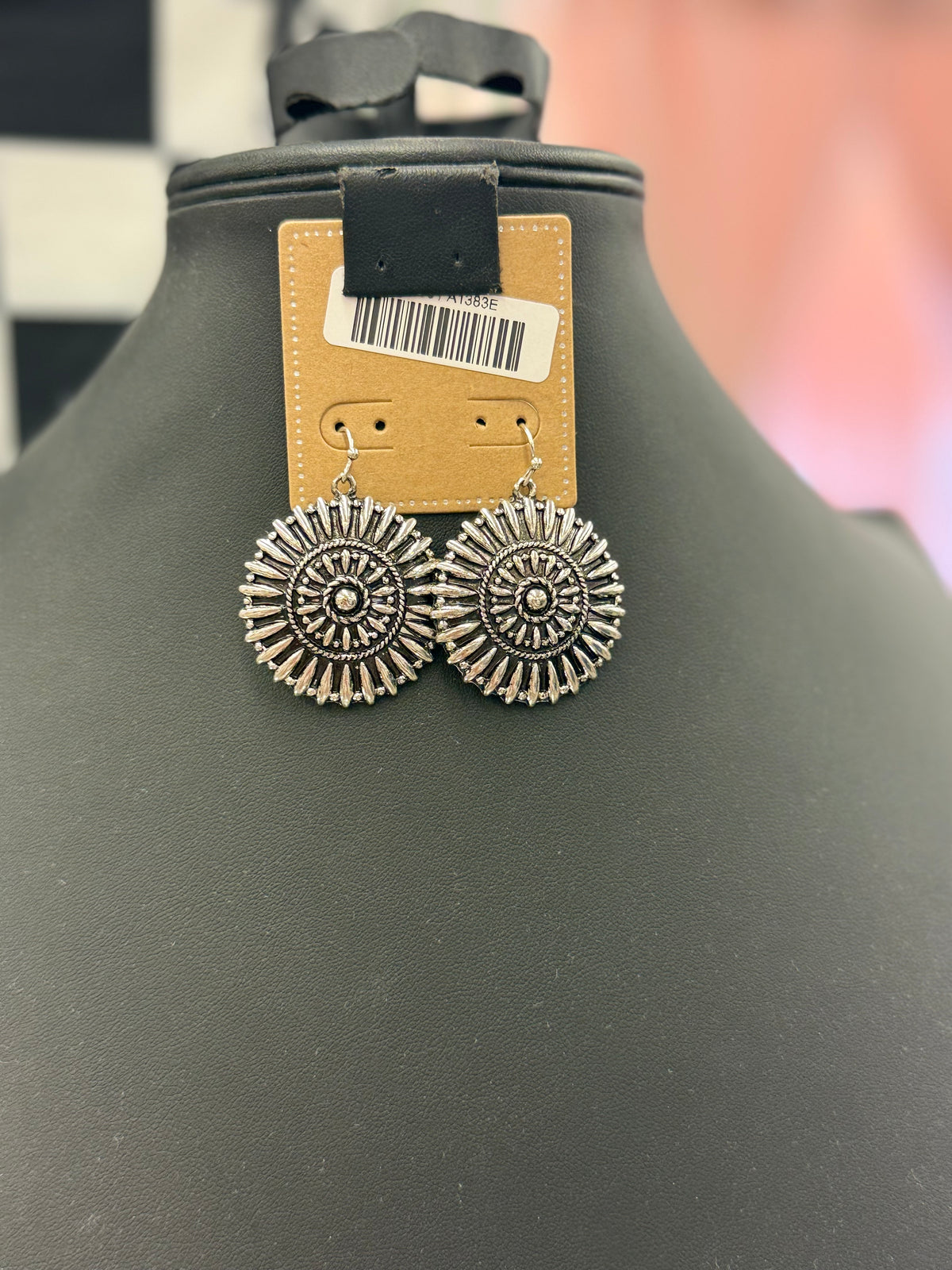 Silver Stamped Round Fishhook Earrings