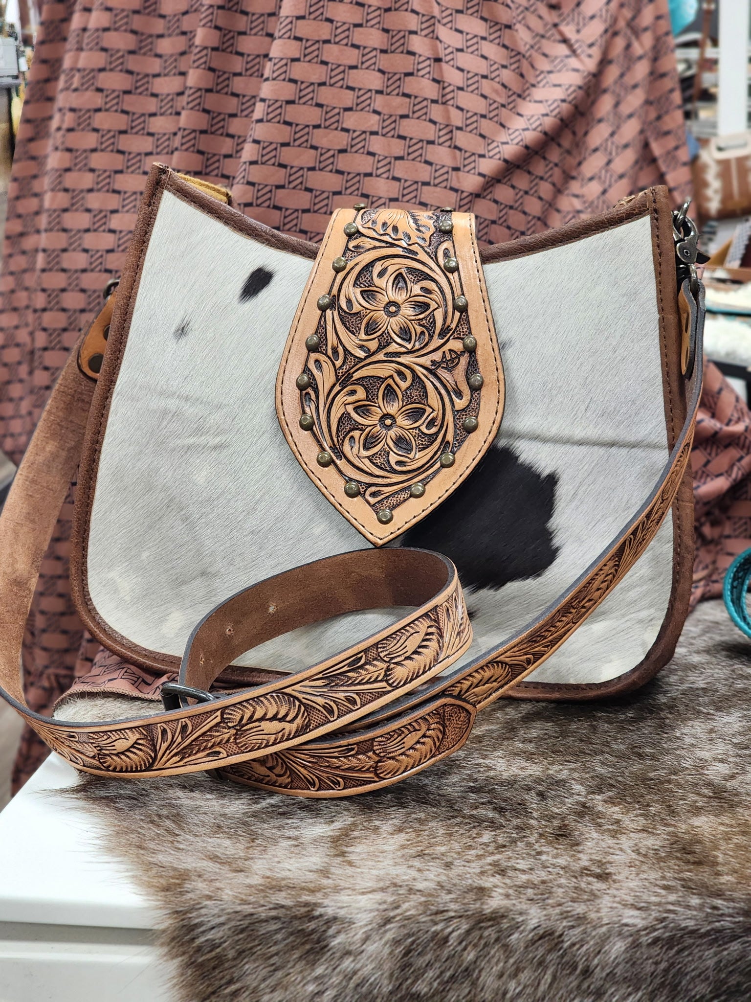 Cowhide Tooled Leather Hobo Bag