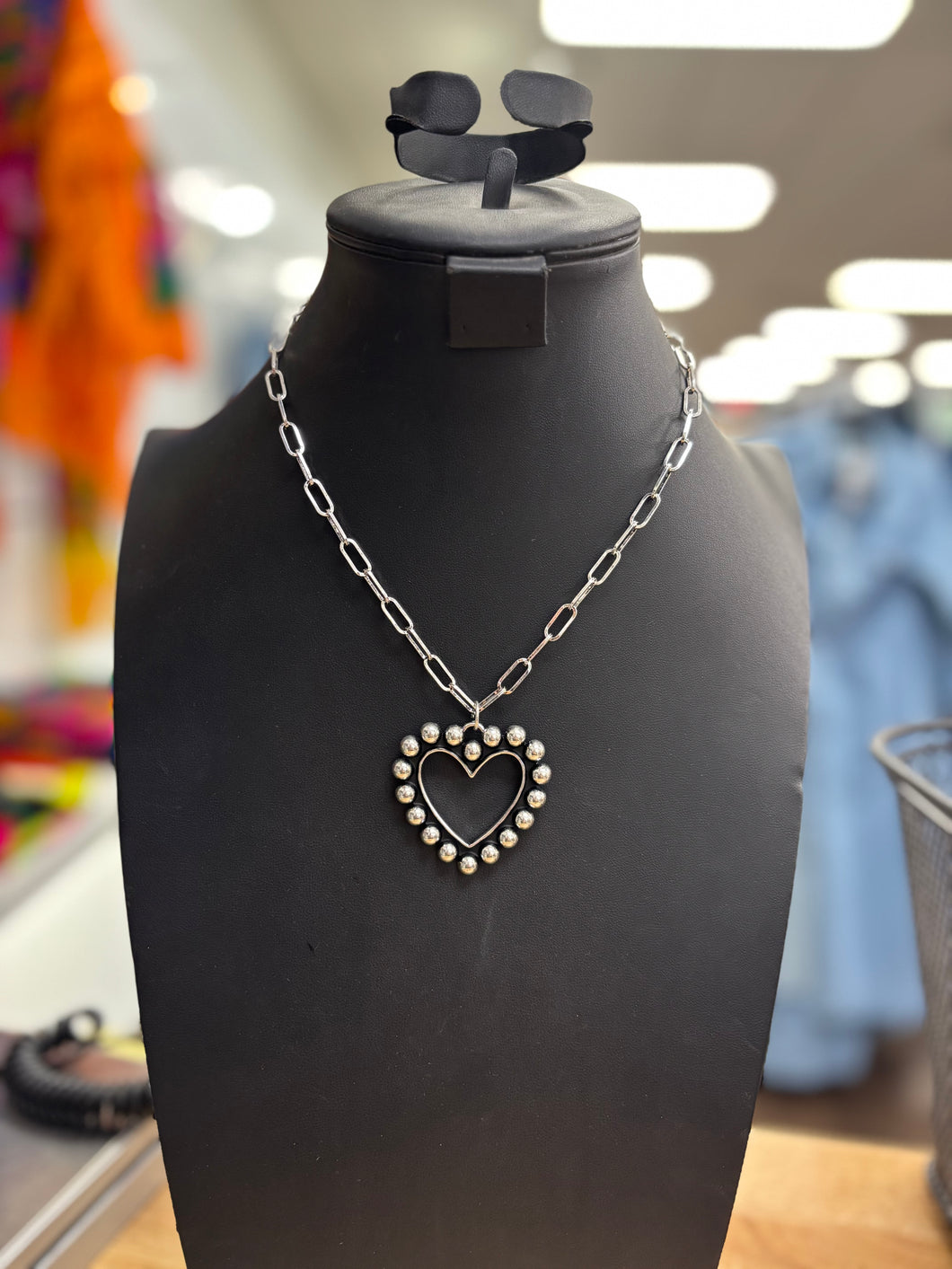 Silver Bead Heart Pendant Necklace