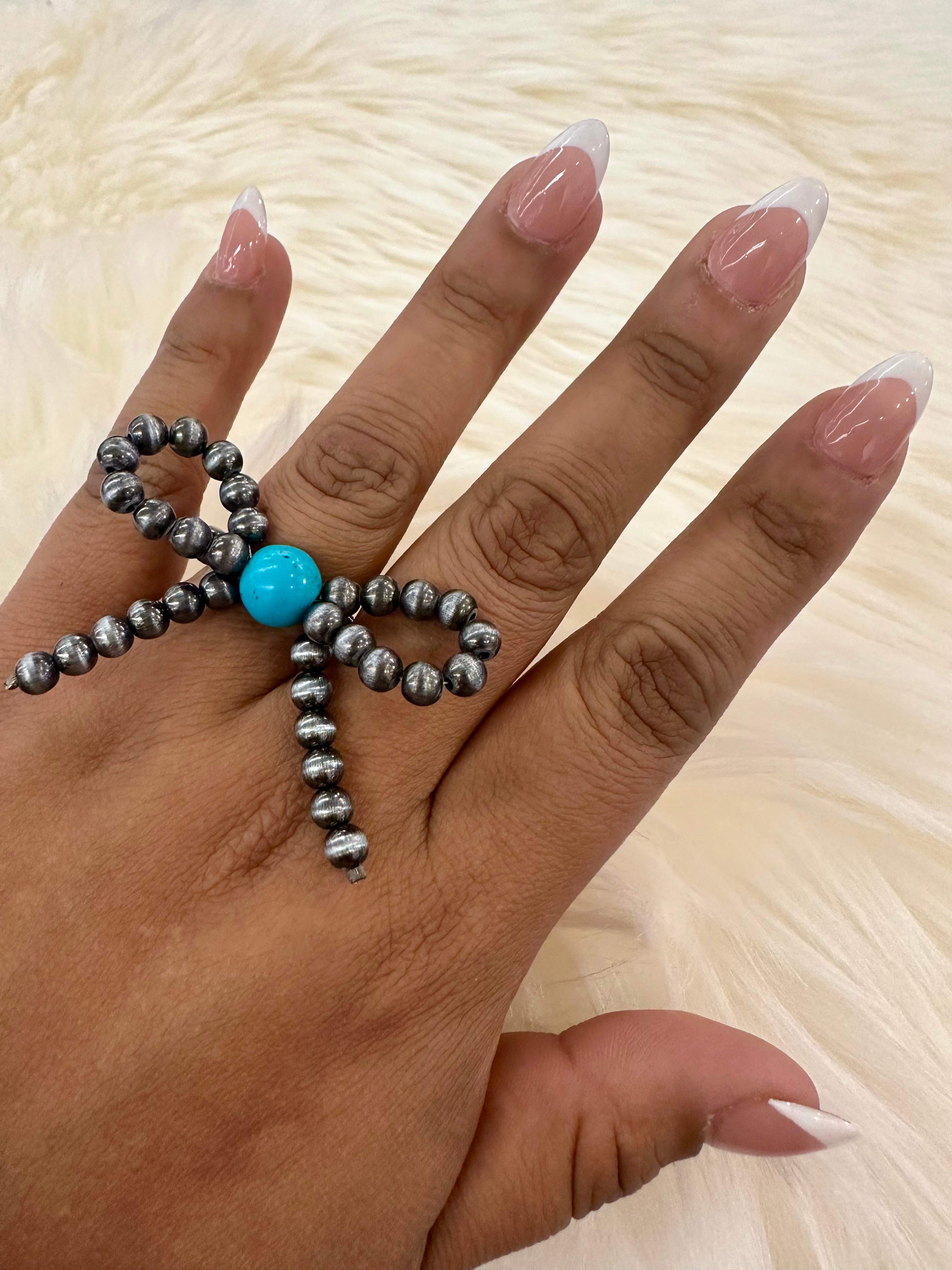 Turquoise Ribbon Pearls Stretch Ring
