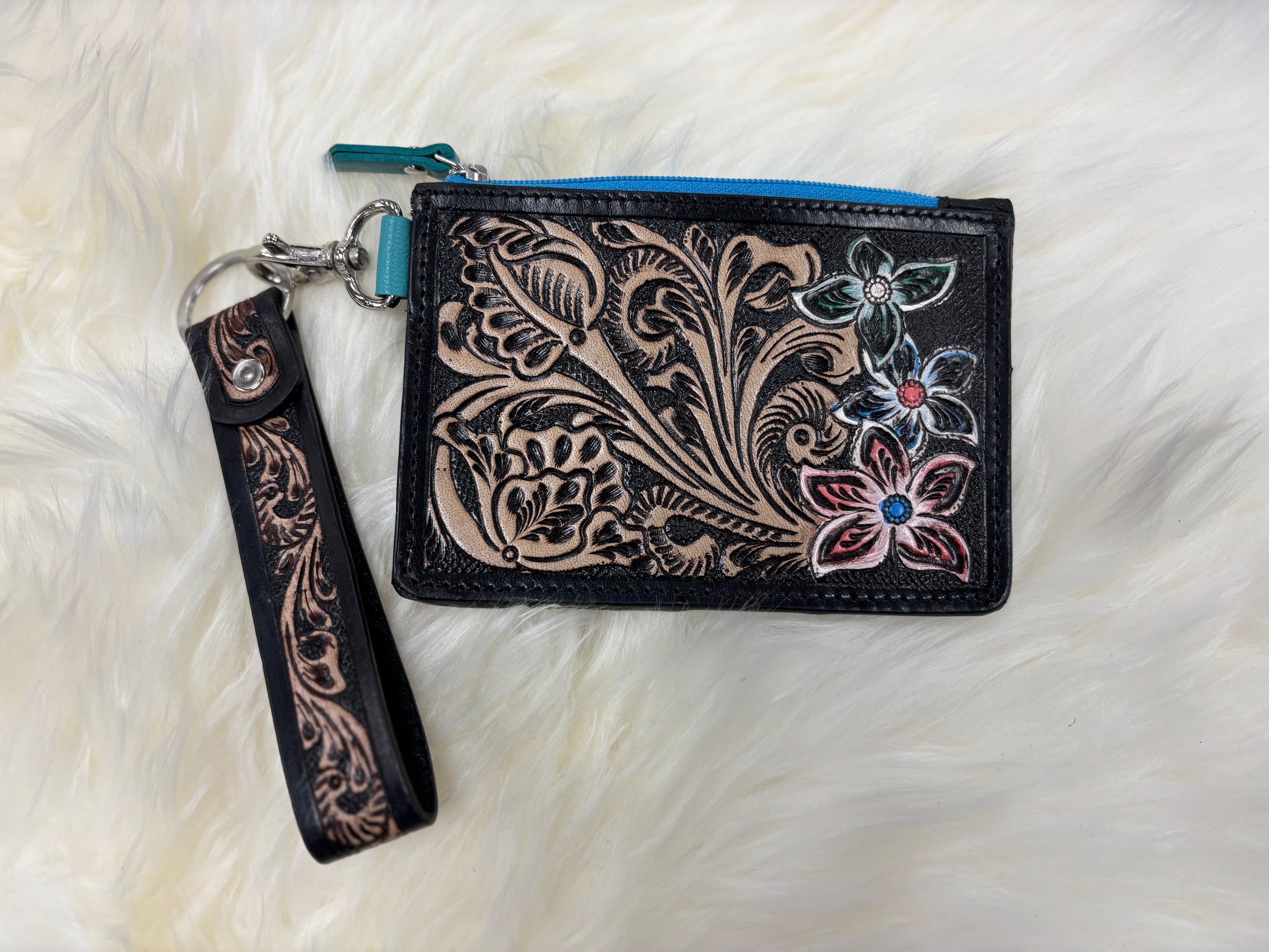 Black Floral Tooled Wristlet Card Wallet