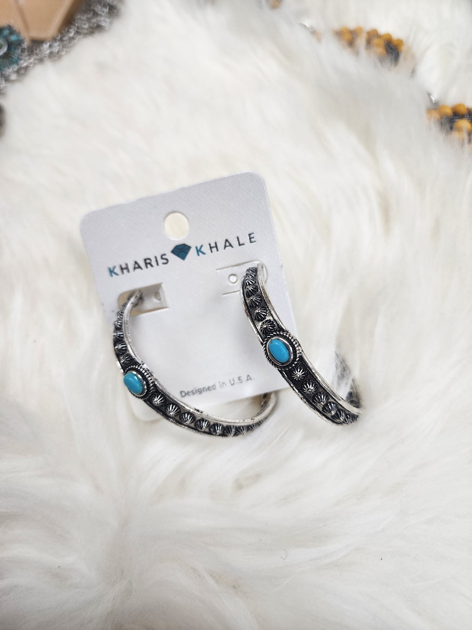 Turquoise Stamped Hoop Post Earrings