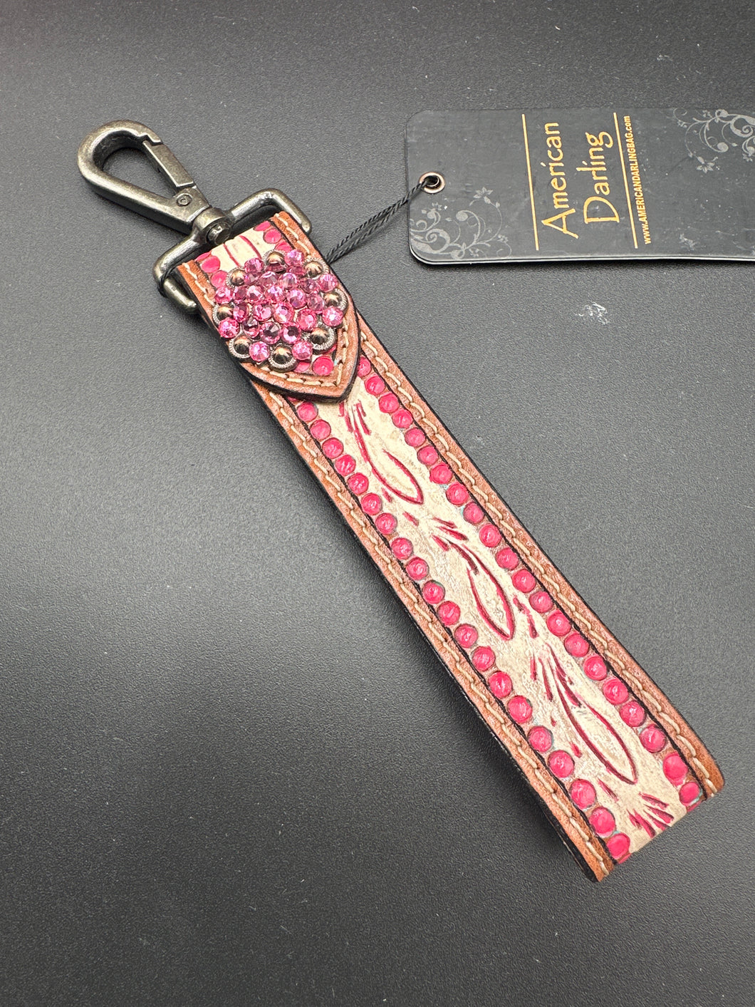 Pink Jewel Tooled Wristlet Strap