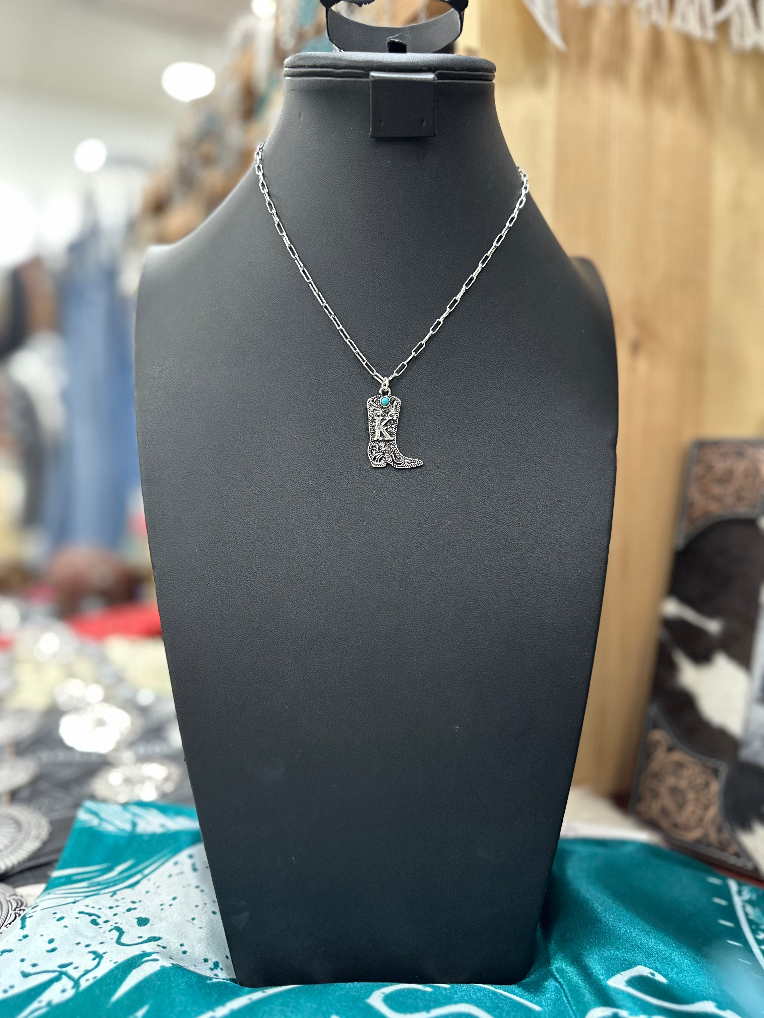 Turquoise Boot Scroll Letter Necklace