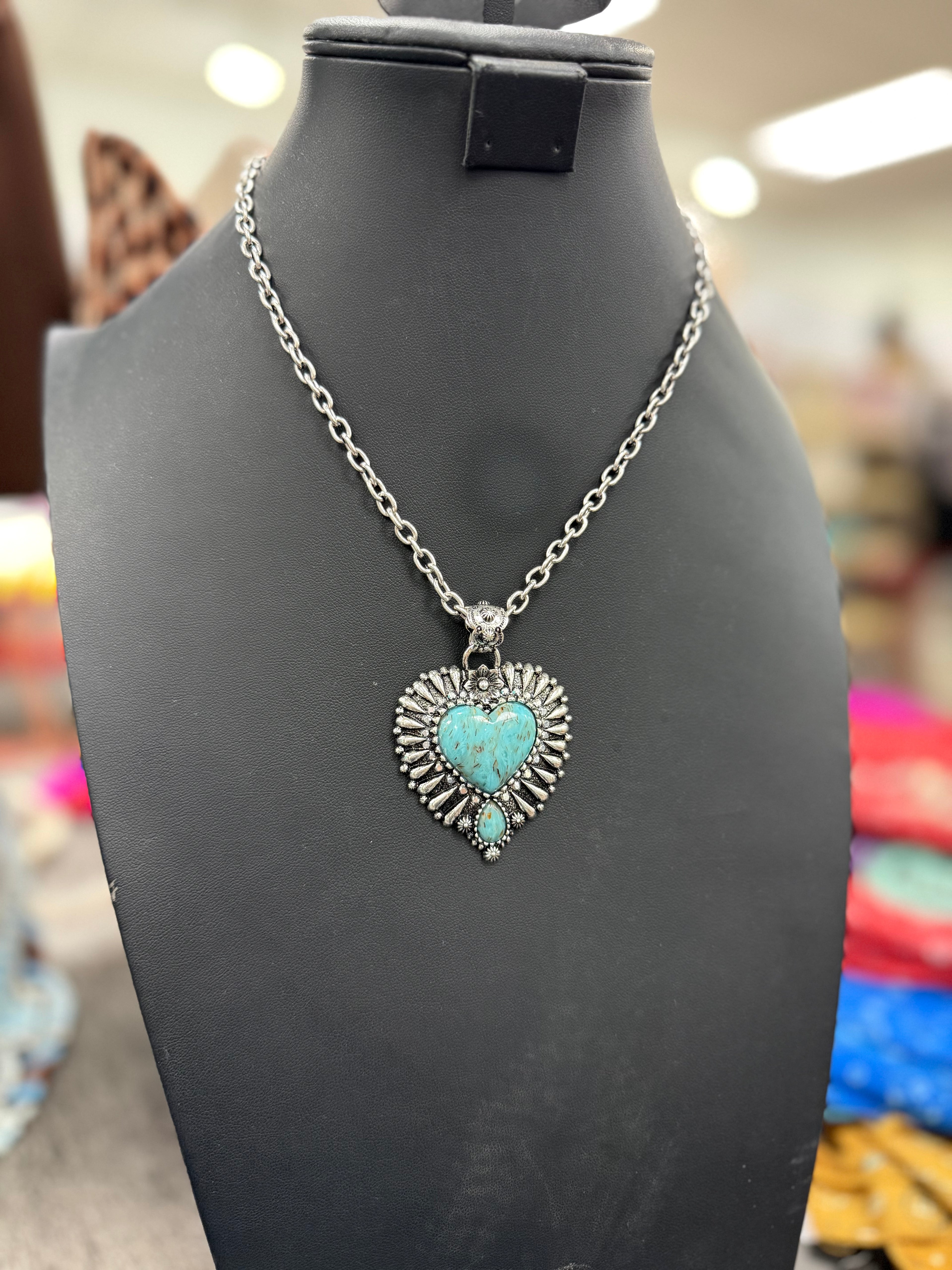 Turquoise Heart Stamped Pendant Necklace