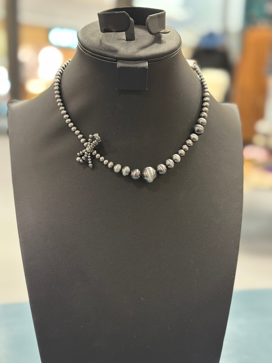 Silver Pearl Bead Ribbon Necklace