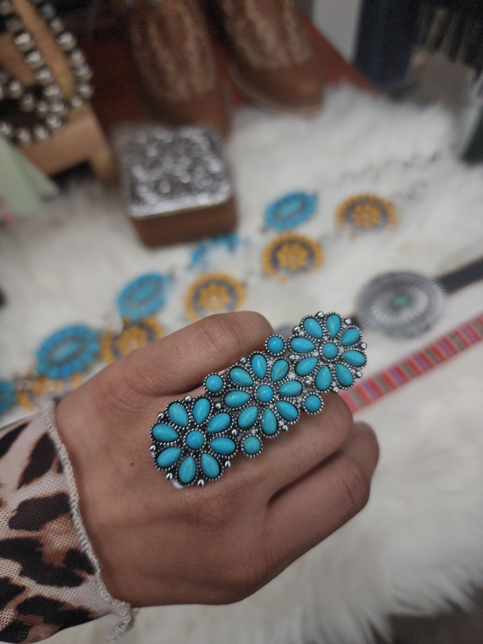 Turquoise 3-Tier Floral Cuff Ring