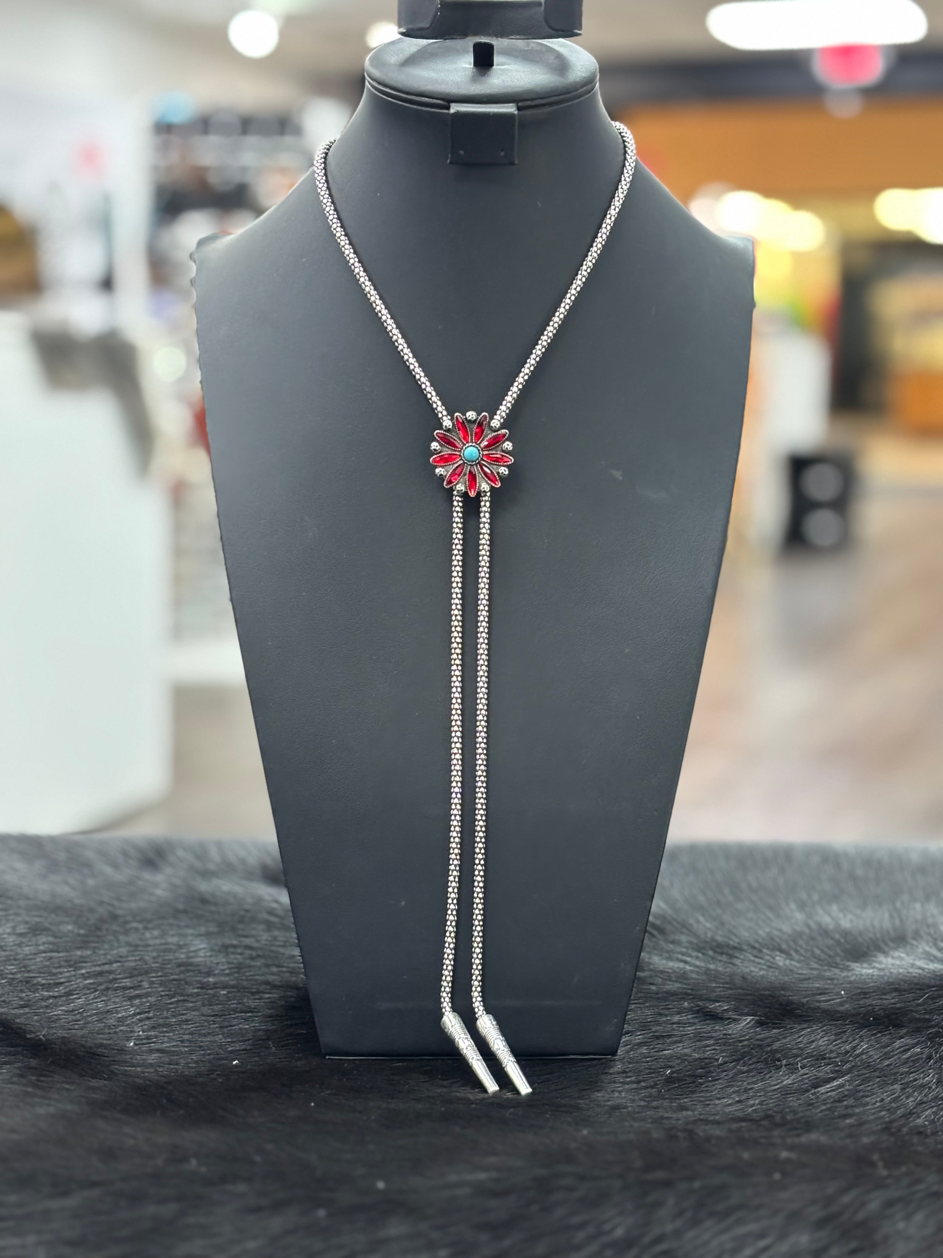 Coral Floral Cluster Bolo Necklace