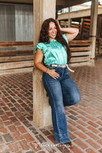 Turquoise Leopard Satin Flutter Top