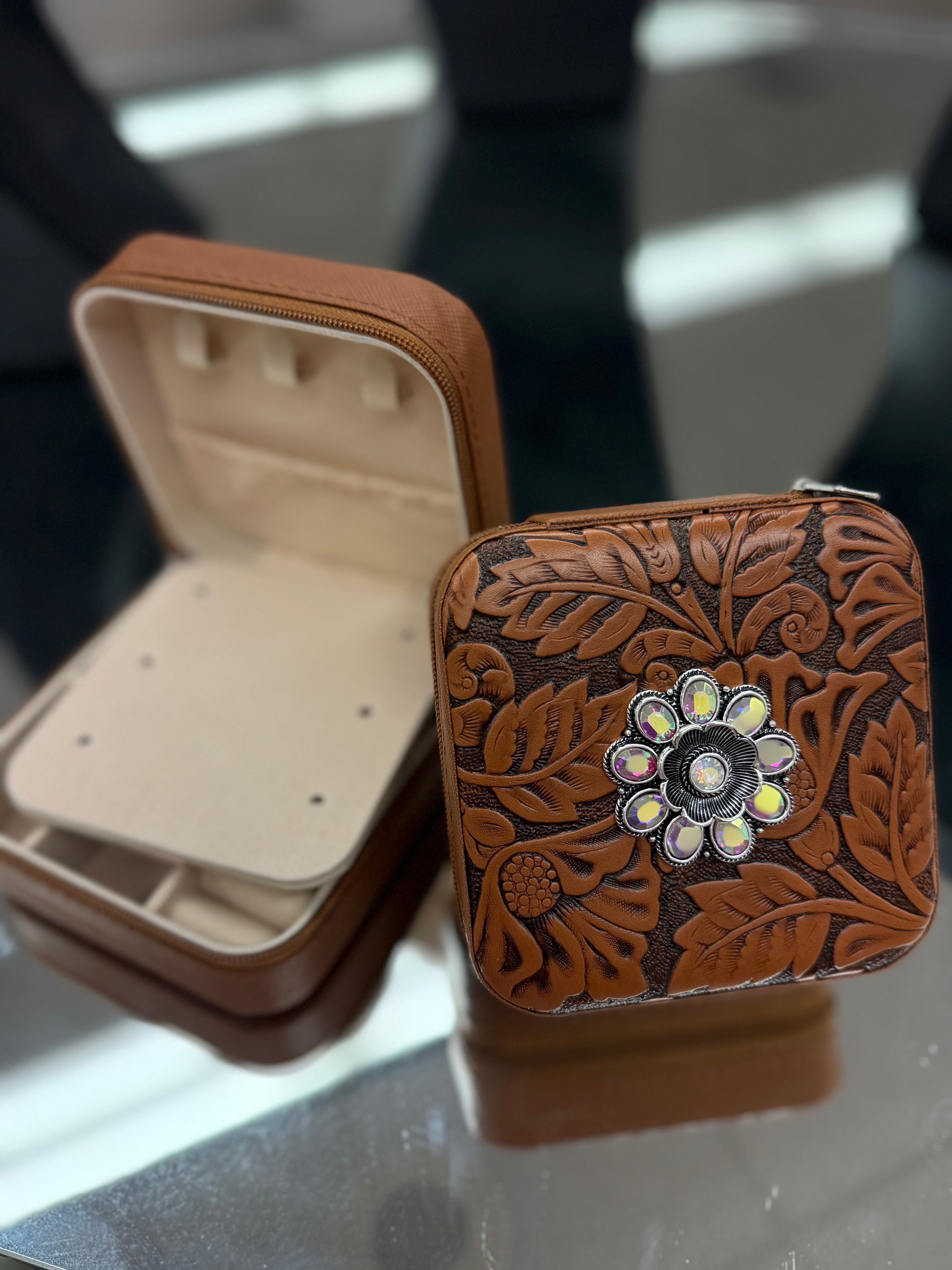 Brown Embossed Crystal Jewelry Box