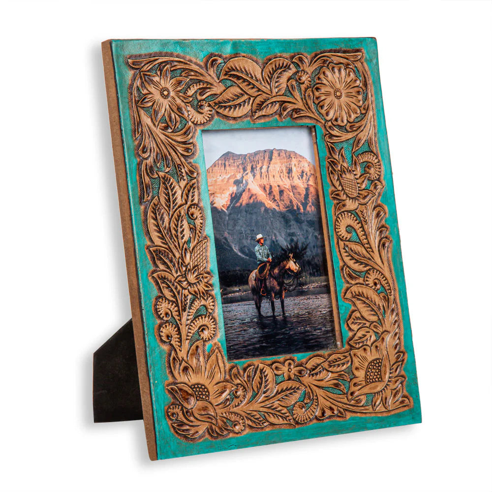 Hand Tooled Leather Turquoise Picture Frame