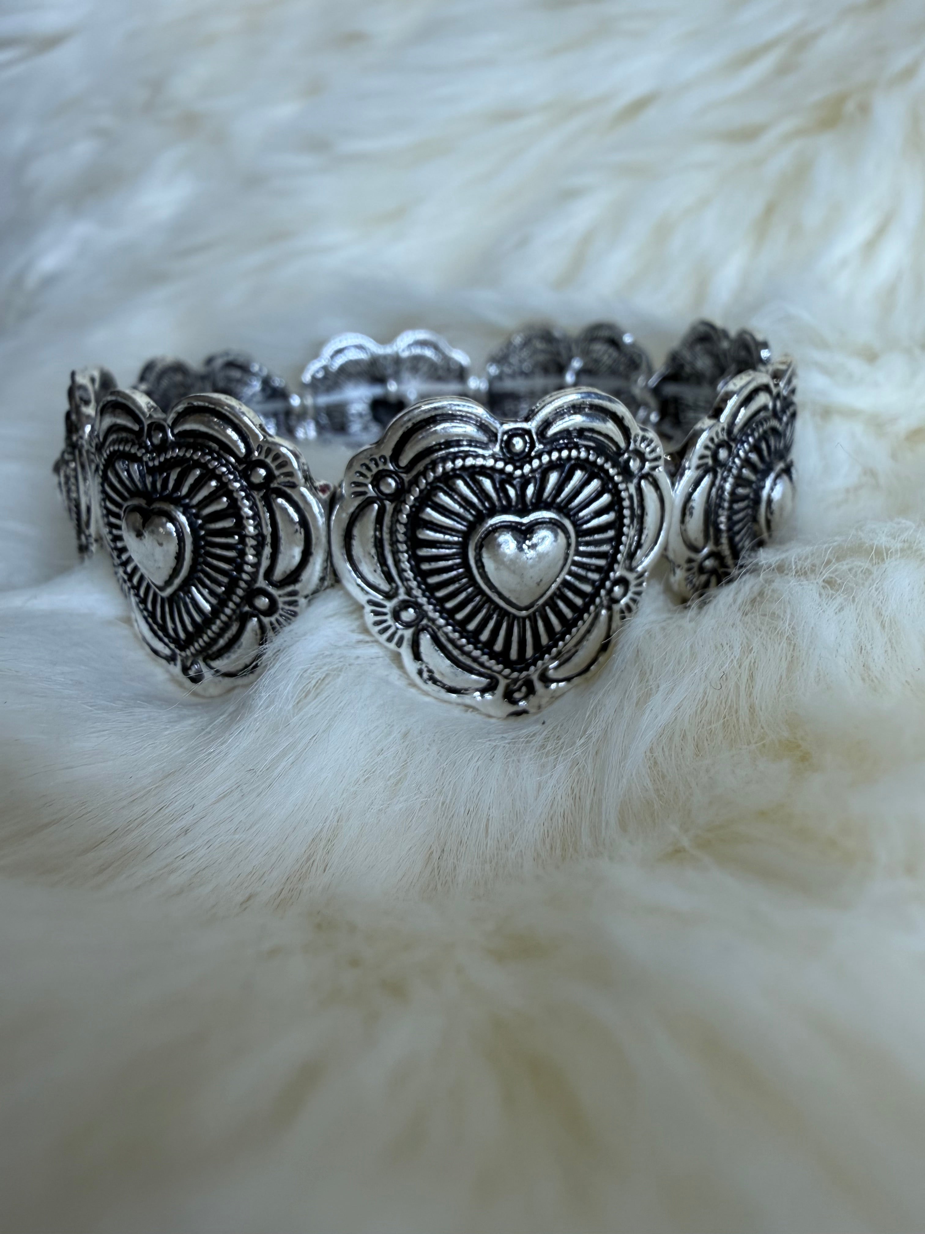 Silver Stamped Heart Stretch Bracelet