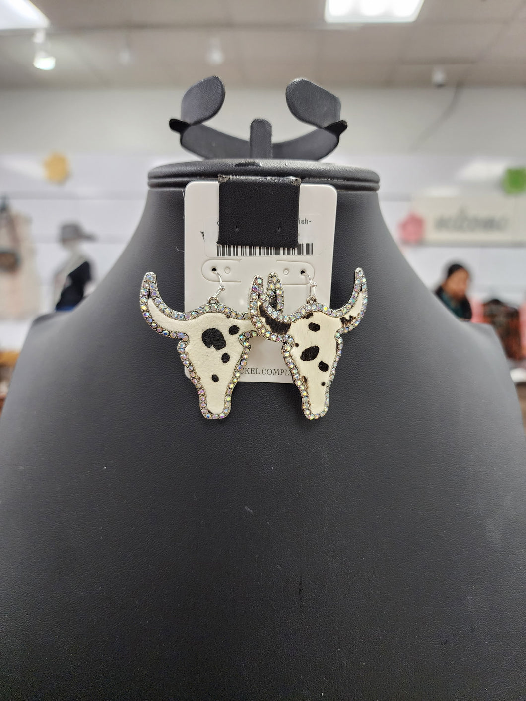 Crystal Steer Cowhide Fishhook Earrings