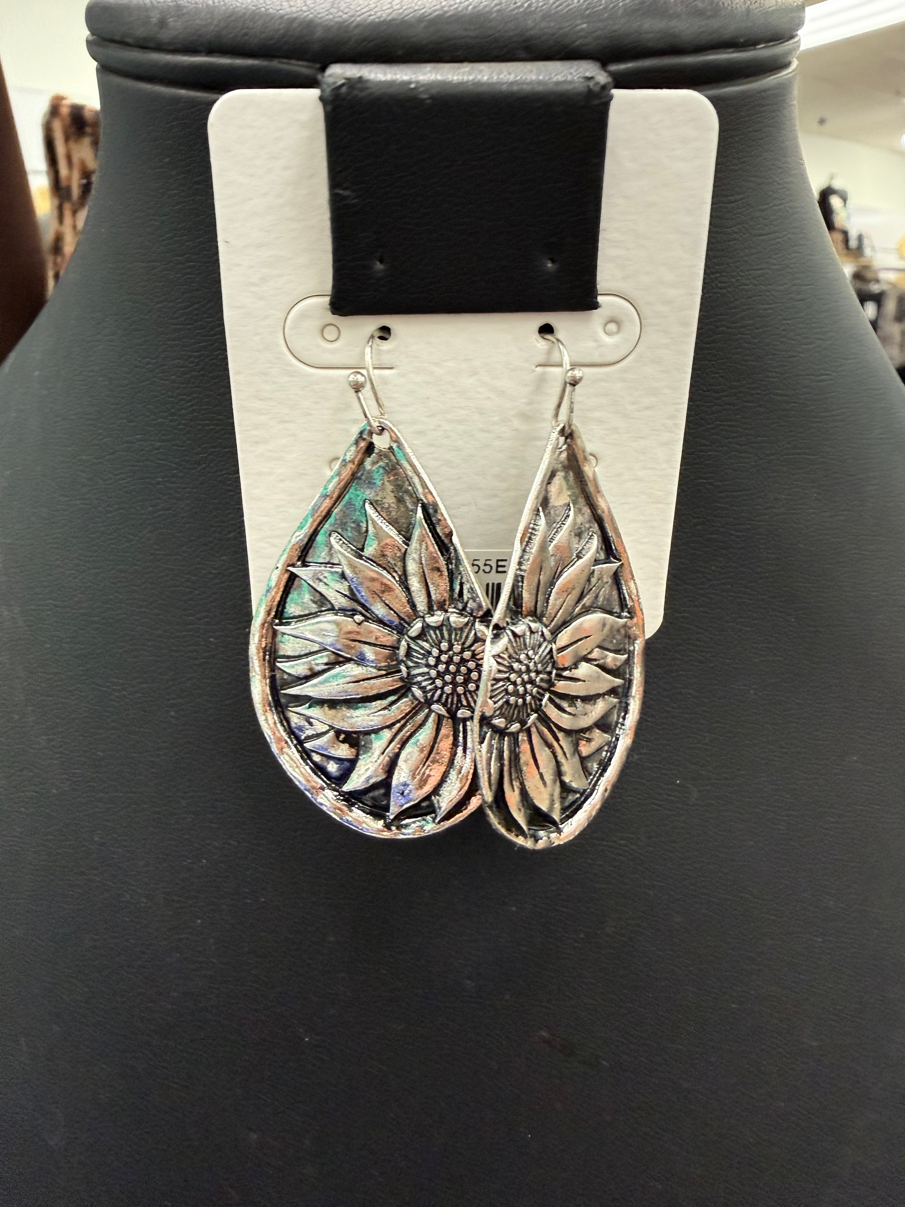 Silver Sunflower Fishhook Earrings
