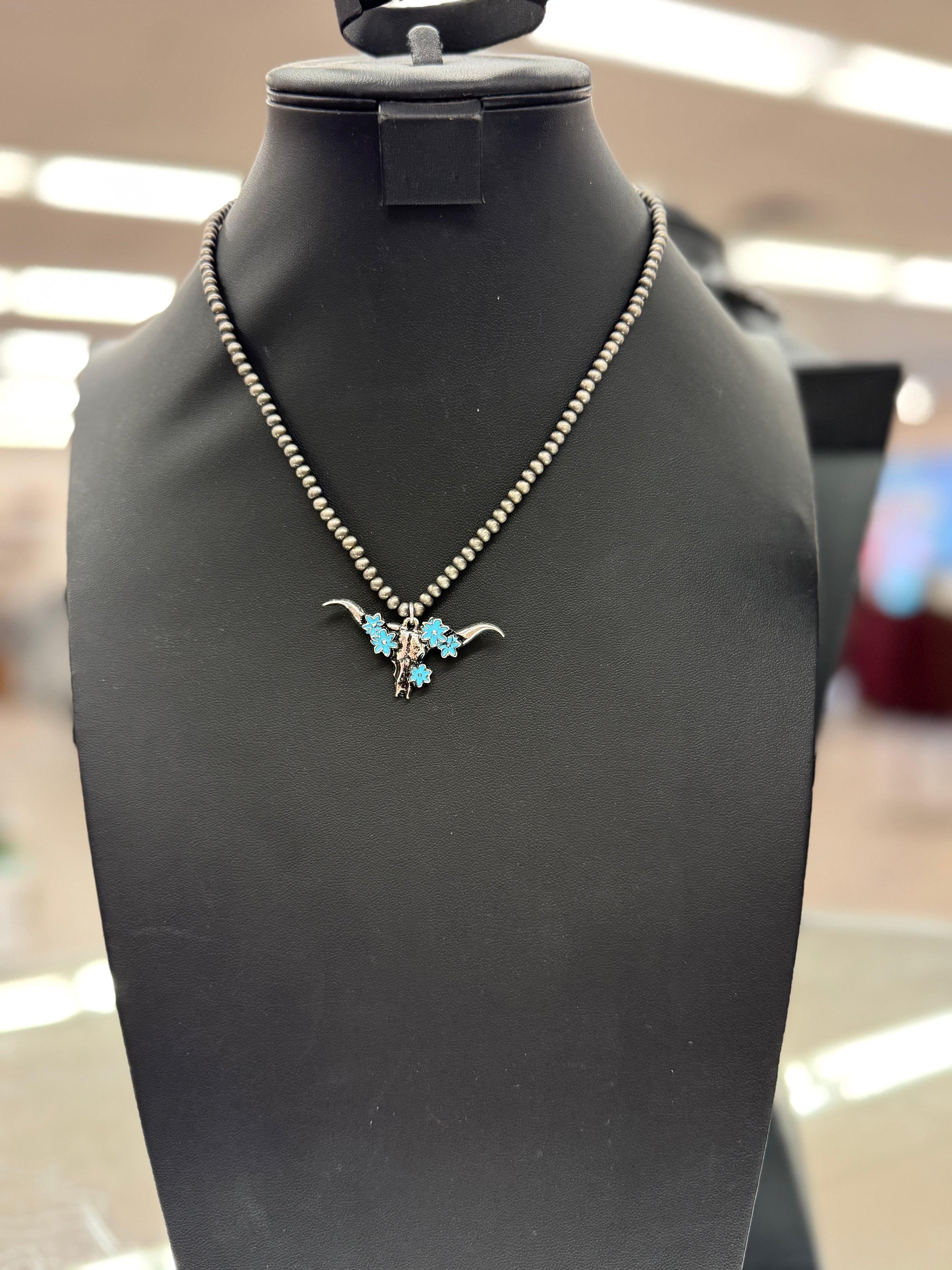Turquoise Floral Steer Pendant Necklace