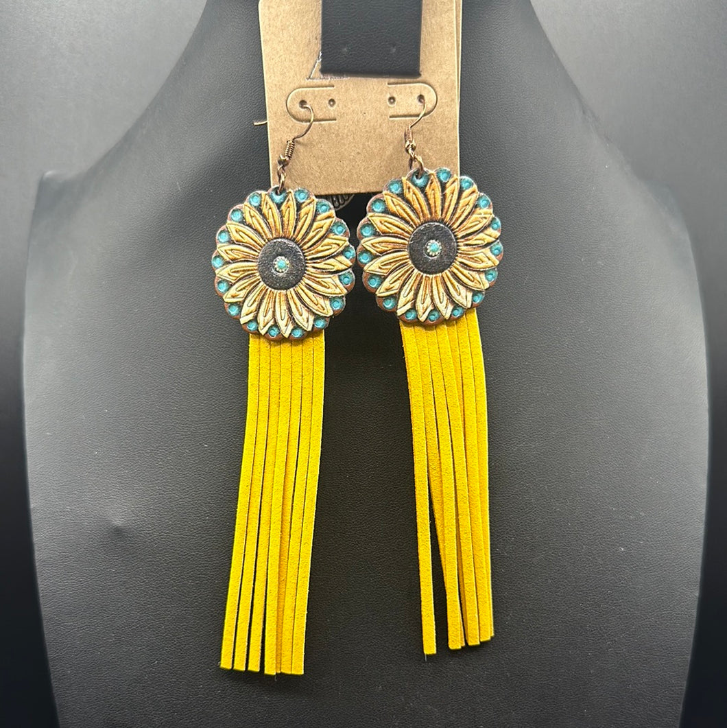 Sunflower Embossed Fringe Fishhook Earrings