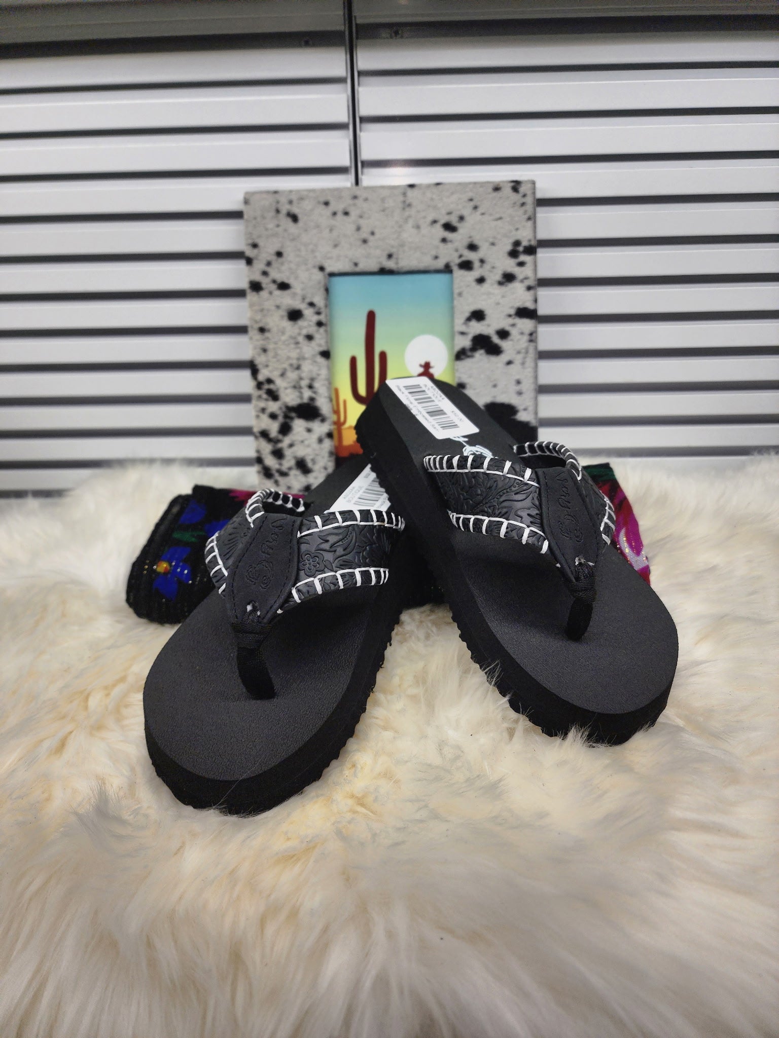 Black Floral Embossed Sandals