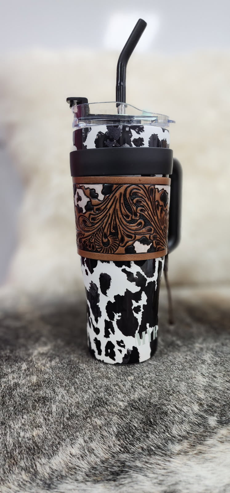 Cow Print Hand Tooled Tumbler